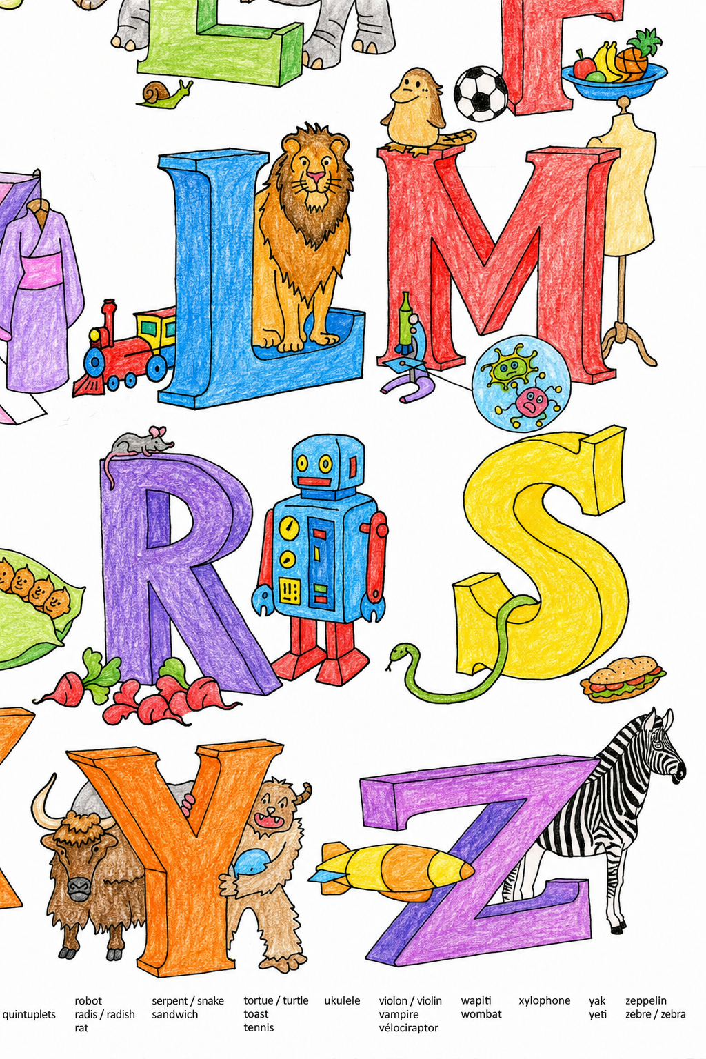 Large alphabet coloring poster showing the letters L to Z with animals, a lion, robot, zebra, yak, and a bilingual French-English word list below the illustrations