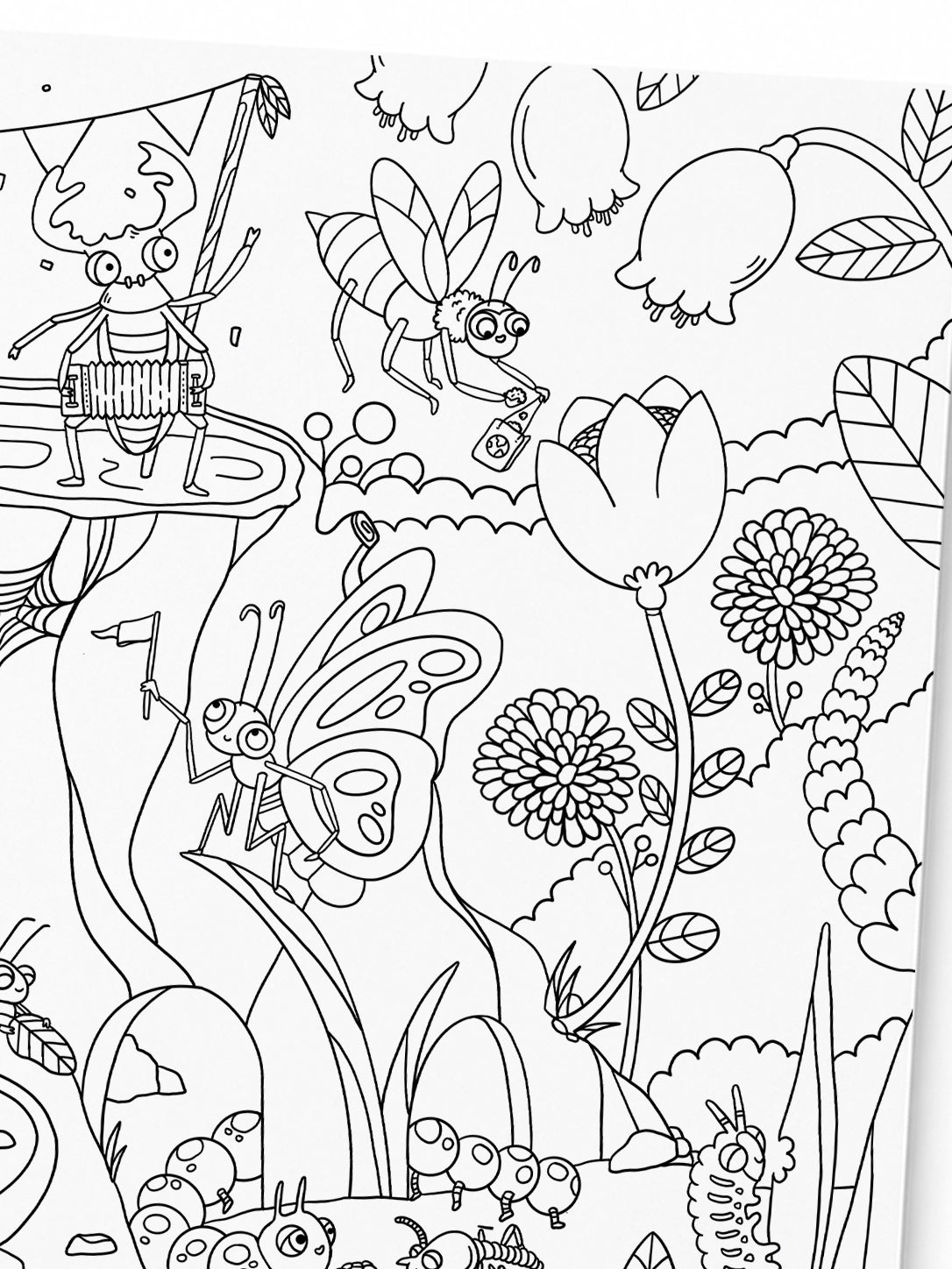 Coloring page with various animals and plants to color.