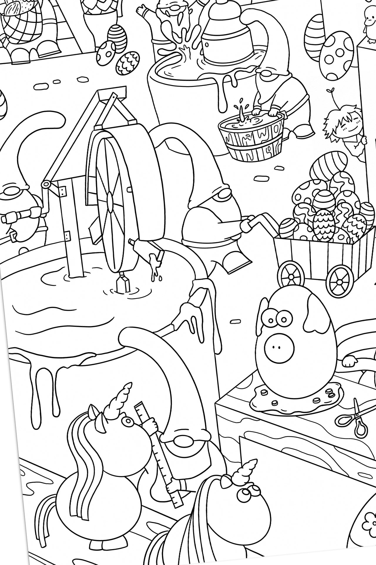 Angled view of the Easter Gnomes' Workshop coloring poster, showing the water wheel, gnomes working at dye vats, the unicorn, the egg-pig, and Clementine all together in one busy scene.