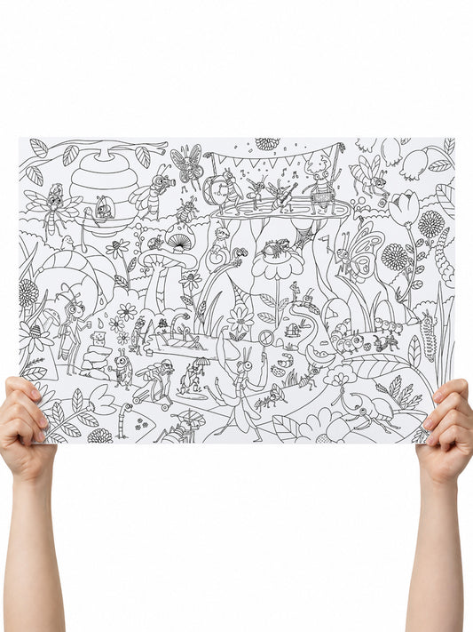 Beautifully detailed insect-themed coloring poster by Clementine & Marmelade featuring lots of cute bugs and insects in a fun garden scene