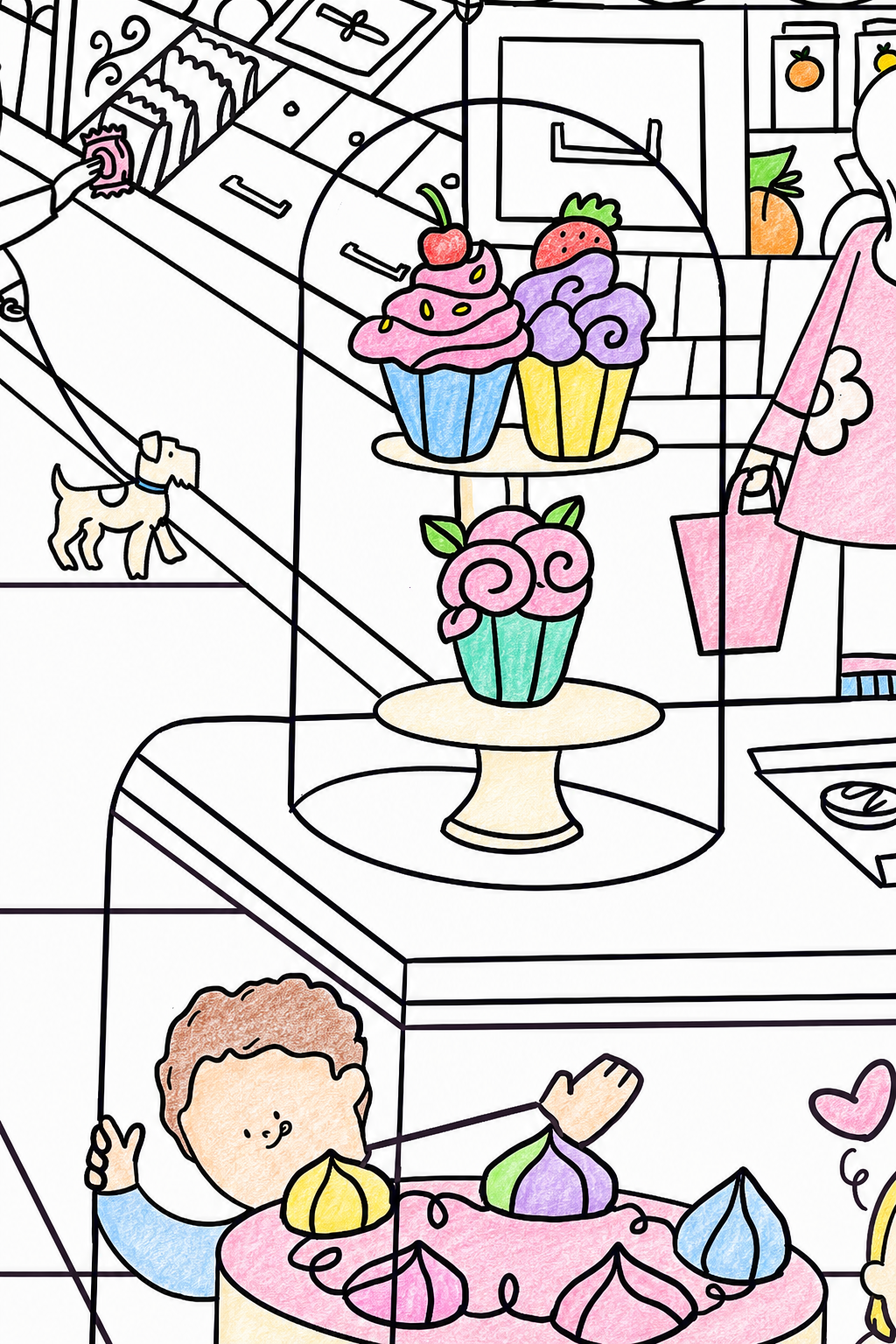 Coloring detail of a cupcake stand with fruit decorated cupcakes, Clementine and Marmalade large coloring poster