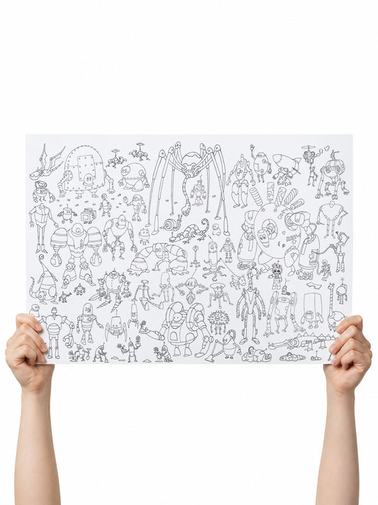 poster to color, with lots of cute robots and robotic characters screen-free coloring craft from Clementine and Marmalade