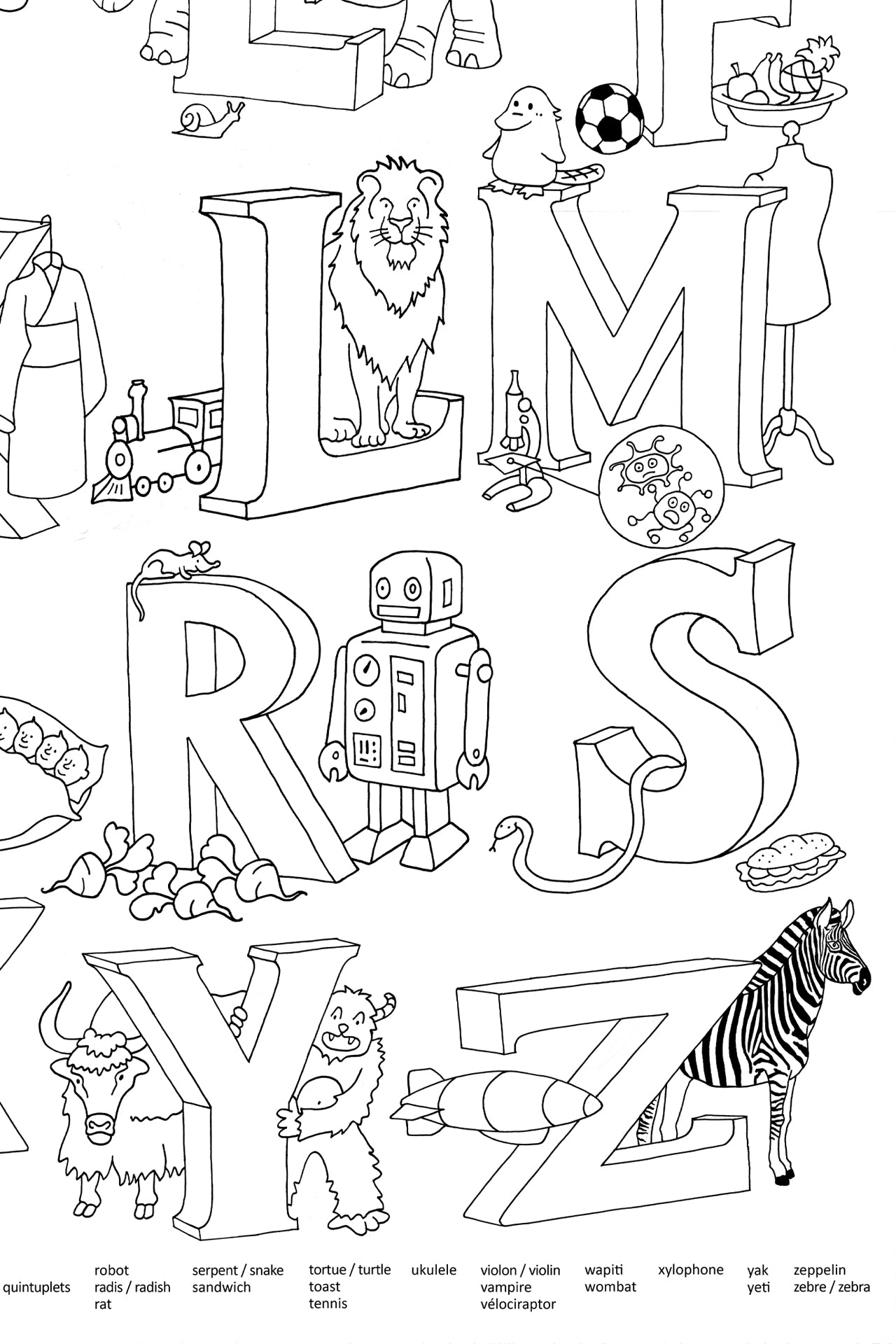 Coloring poster detail showing letters L to Z with a lion, robot, zebra, yak, and a bilingual French-English word list below