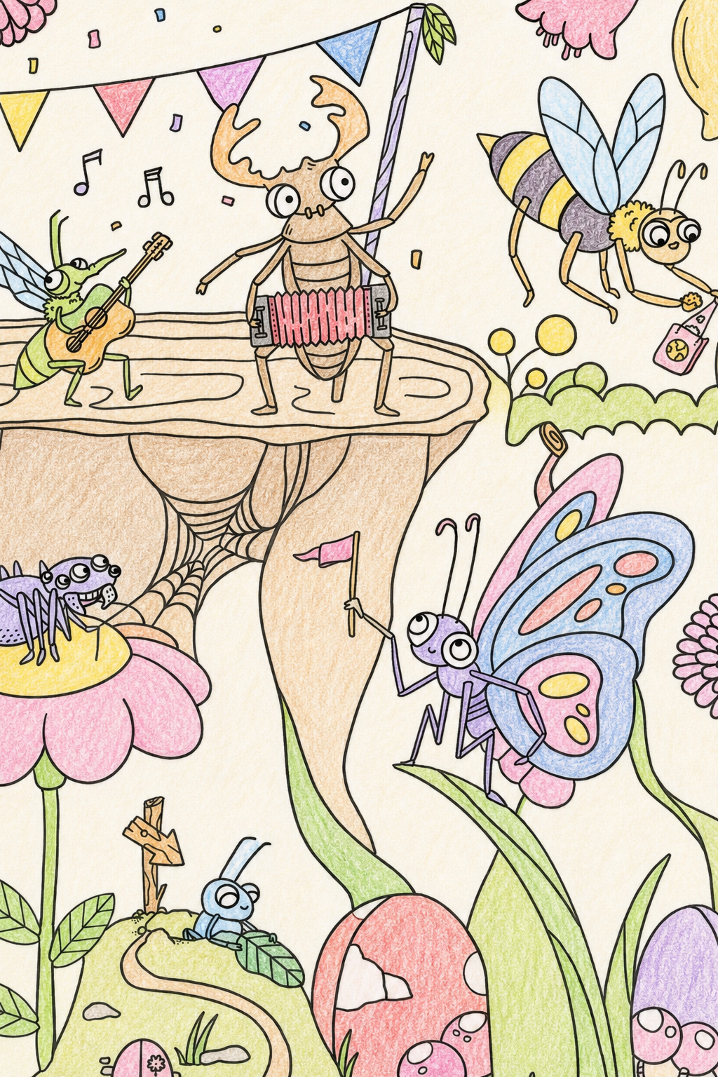 Coloring poster close-up of a friendly butterfly holding a tiny flag, surrounded by daisies, dandelions, and tall grass