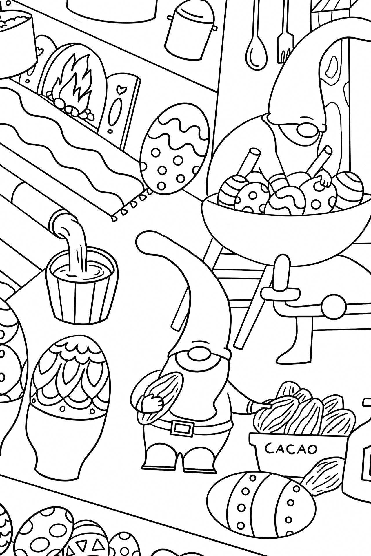 Black-and-white detail of the Easter Gnomes' Workshop poster's kitchen, with a gnome beside a bowl labelled "cacao," a fireplace, decorated eggs on the shelves, kitchen tools hanging above, and chocolate streaming from a press.