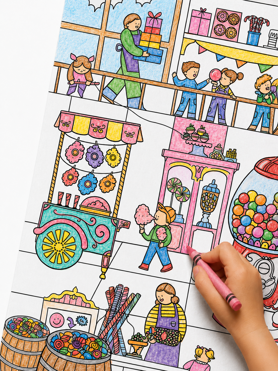 Clementine & Marmalade candy shop coloring poster with shelves of treats, a giant gumball machine, and dozens of kid characters