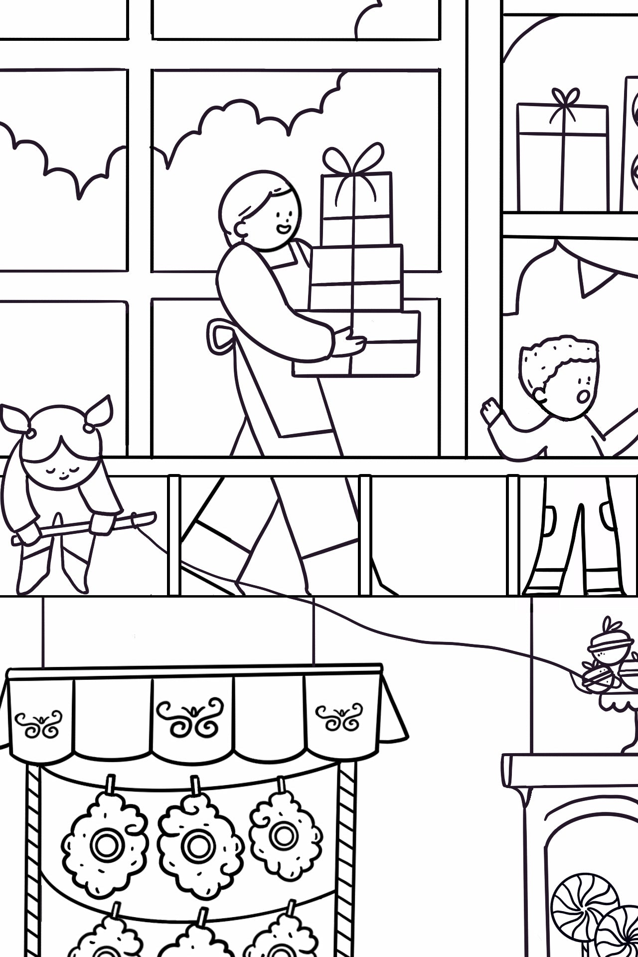 Detail of a candy shop worker carrying stacked gift boxes past a sunny window, kids on the balcony, and a wreath display