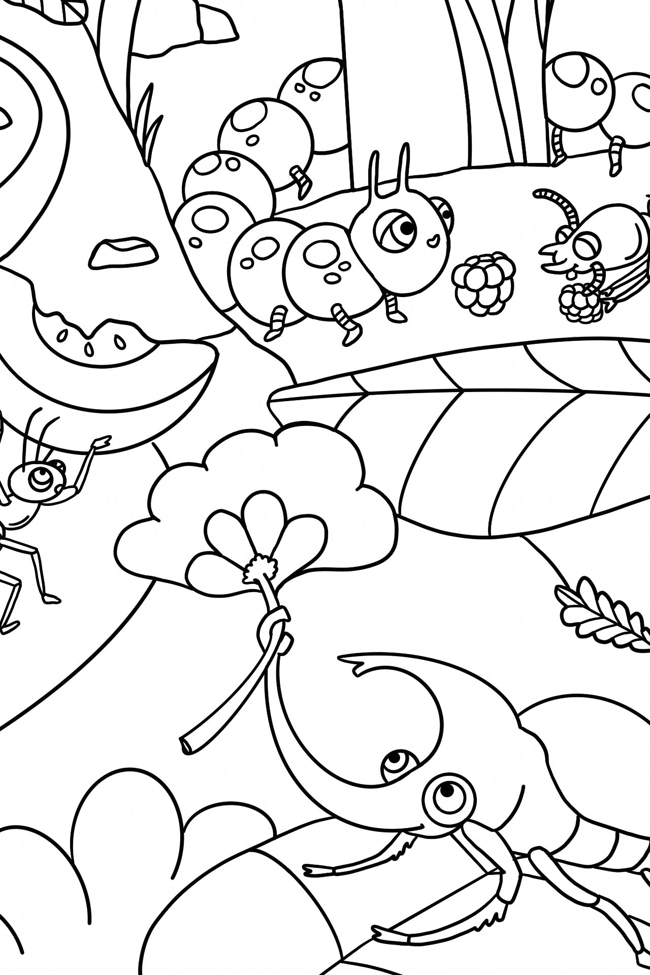 Coloring poster detail showing smiling insect friends with flowers with its web