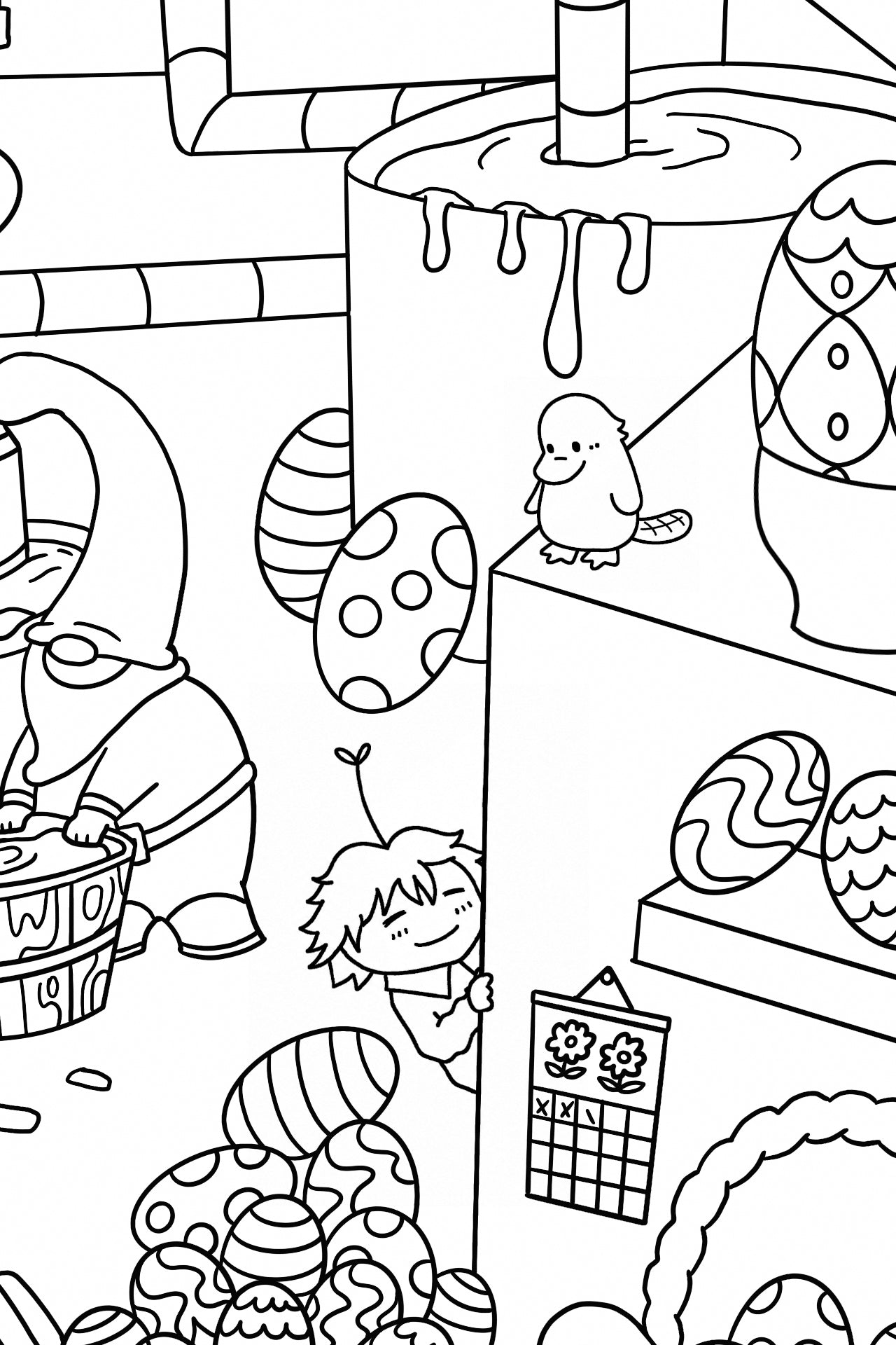 Black-and-white detail of the Easter Gnomes' Workshop coloring poster, showing a gnome washing decorated eggs in a wooden basin while Clementine peeks from behind a wall and Marmelade the platypus watches from a ledge above.