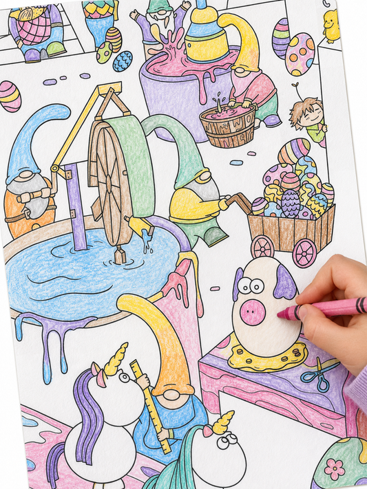 Colored example of the Easter Gnomes' Workshop poster in soft pastel tones, with a hand finishing the egg-pig in pink crayon among the gnomes, the water wheel, and a cart piled with decorated eggs.
