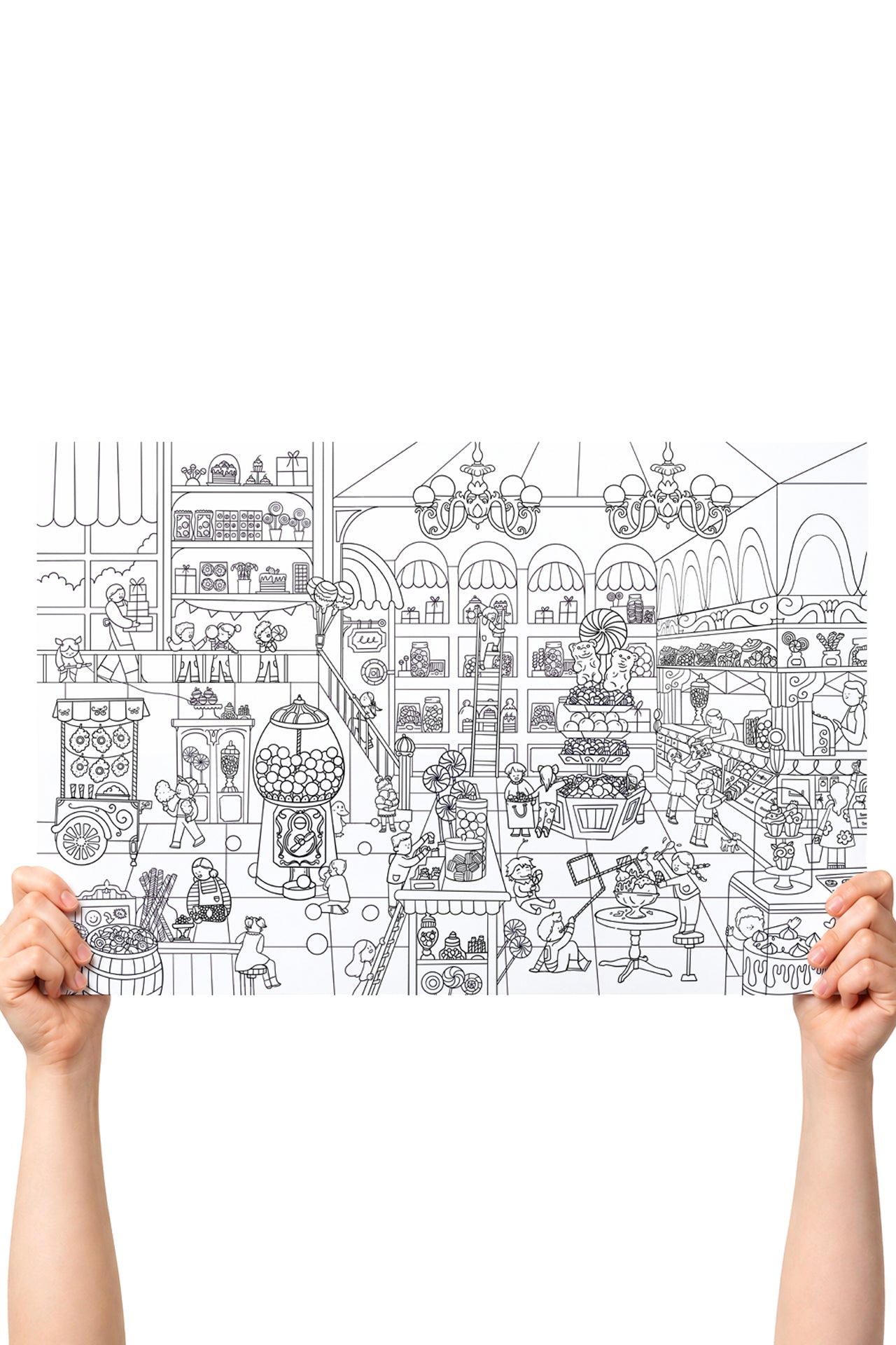 Two hands holding a large coloring poster page with intricate candy store image, with children playing 