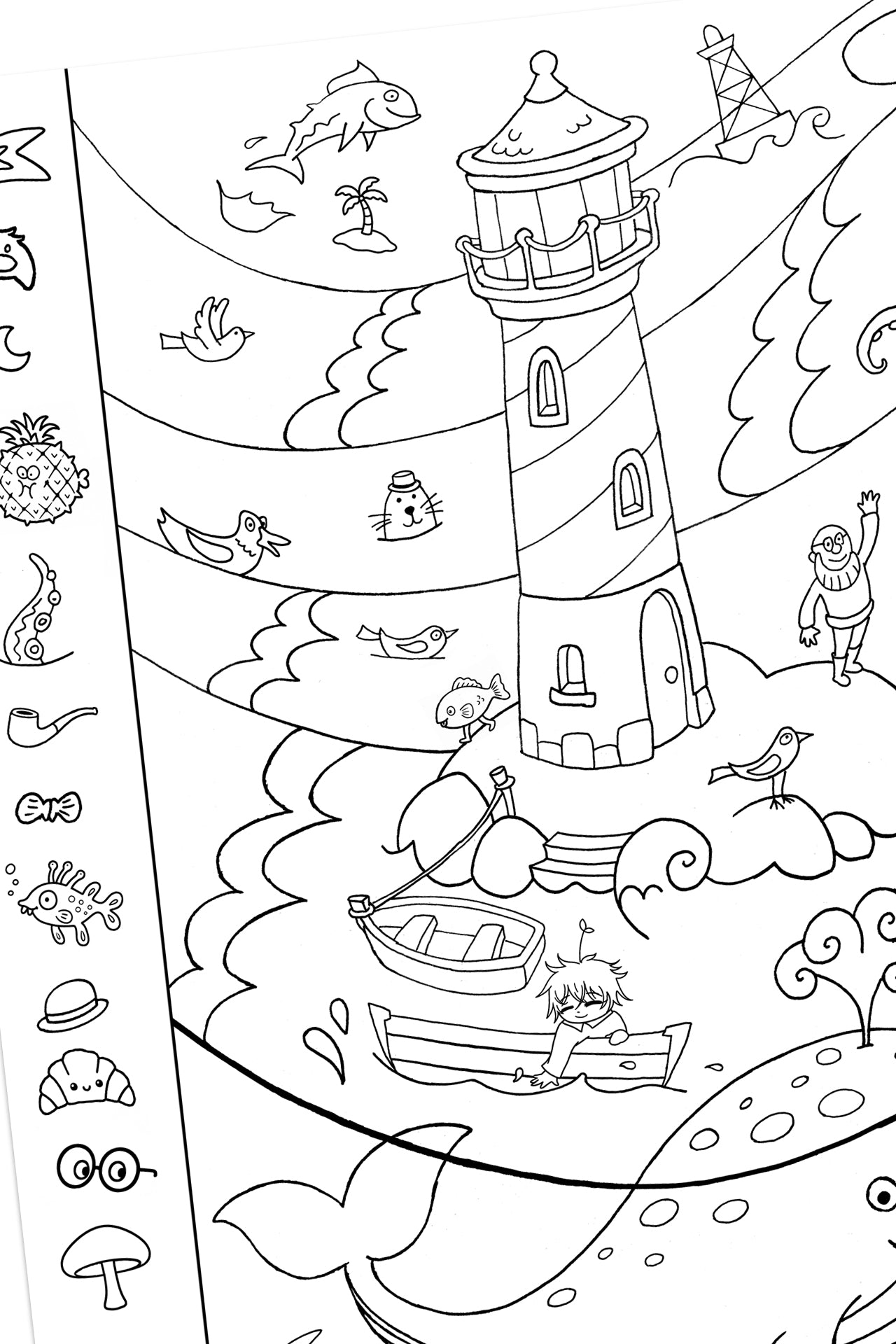 Seek and find coloring poster with funny fish lighthouse and waves, ready to color
