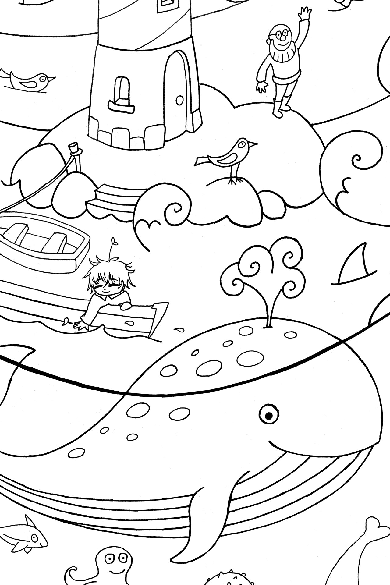Black-and-white detail of the Under the Sea coloring poster with Clementine sitting in a rowboat next to a friendly spotted whale, while a lighthouse keeper waves from his small island.