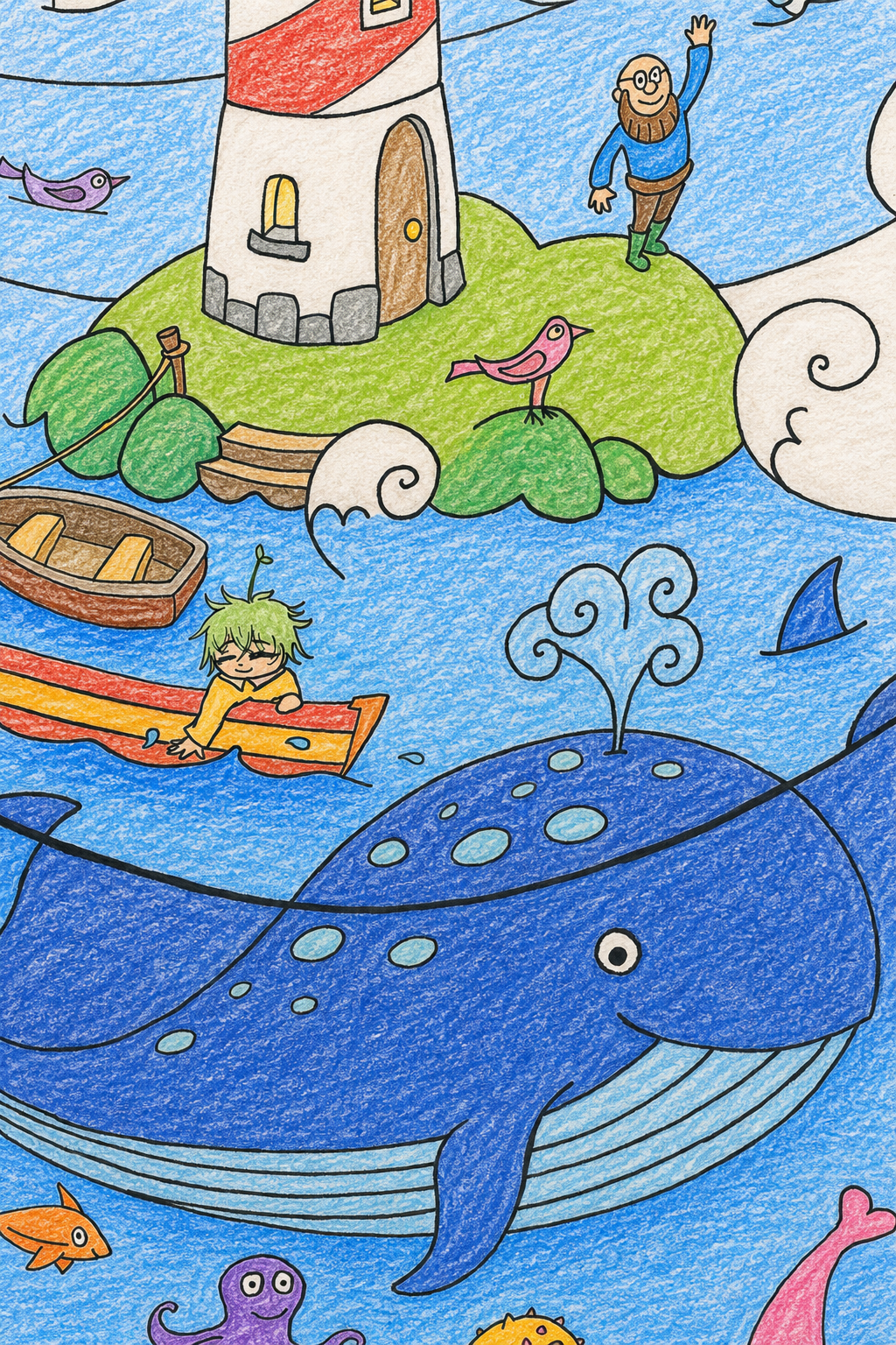 Colored example of the Under the Sea poster with Clementine, her rowboat, a spotted whale, and the lighthouse filled in with soft pencil-crayon tones.