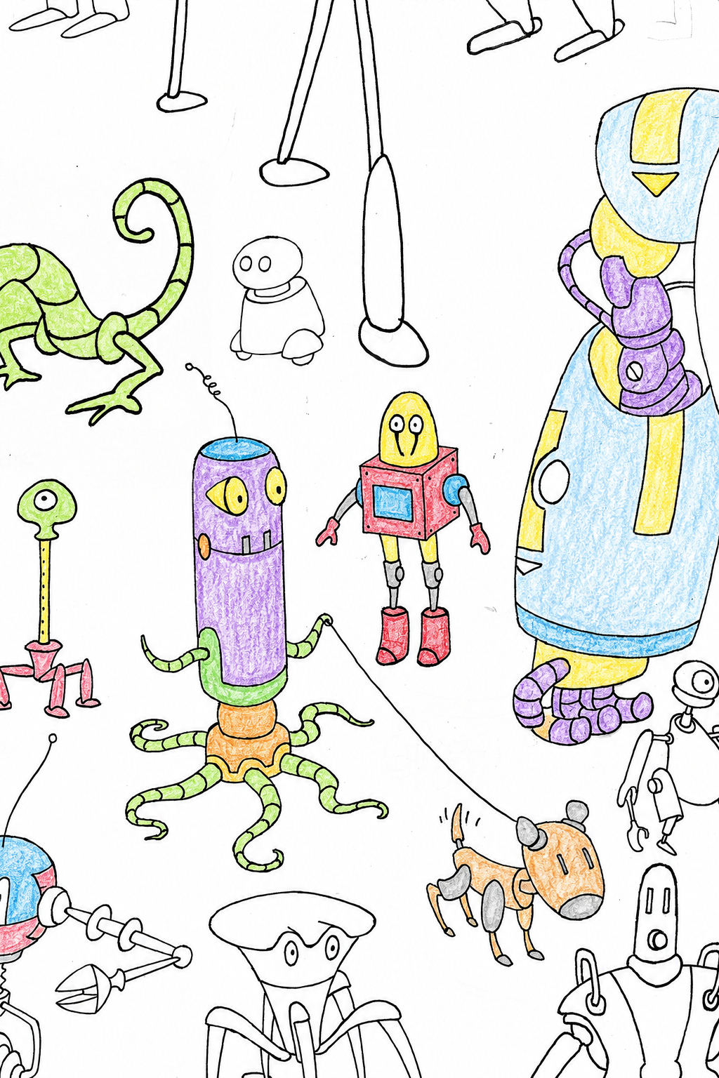Brightly colored robots in green, pink, blue, and yellow on a Clementine & Marmalade poster