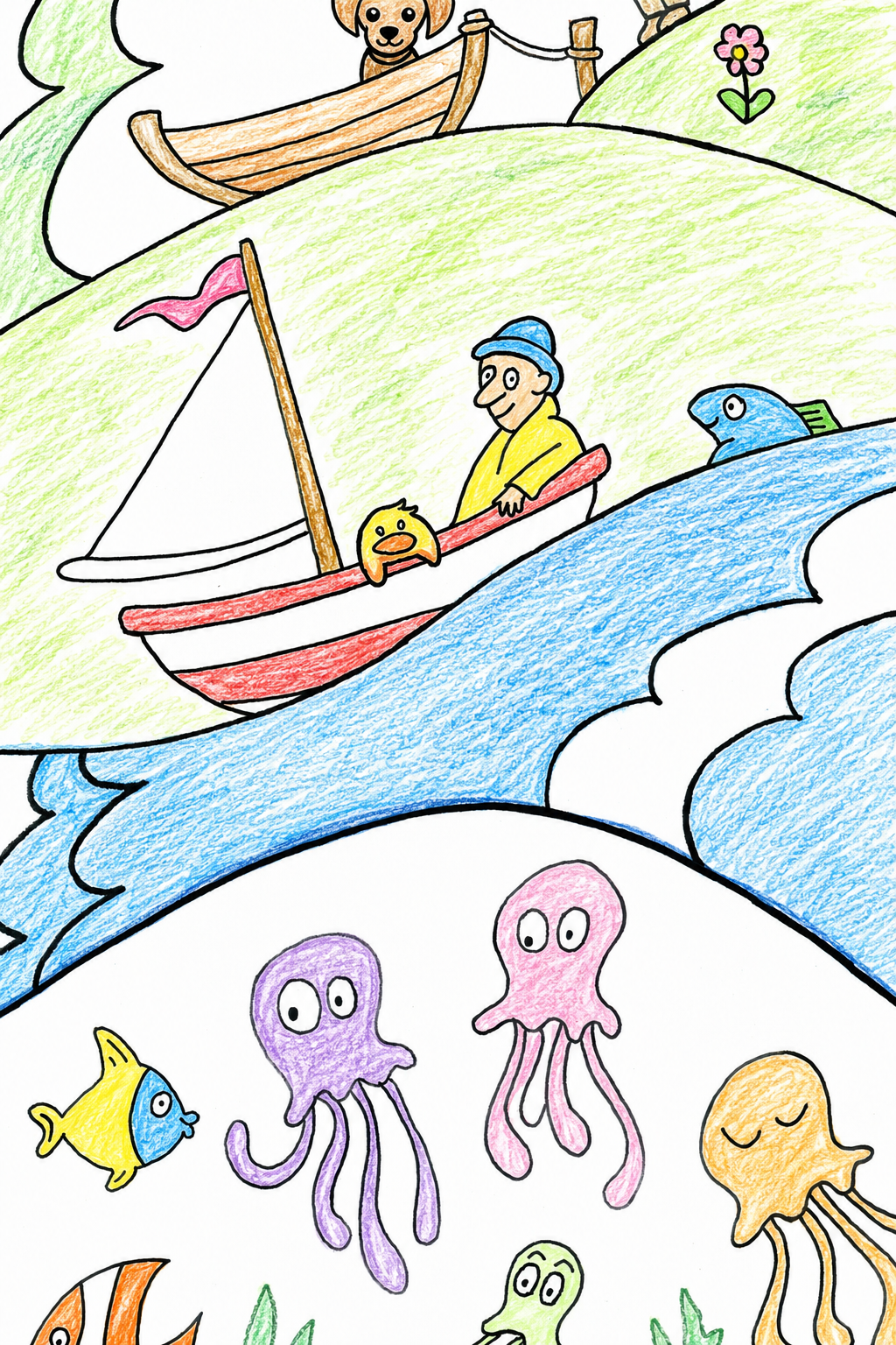Colored example of the Under the Sea poster's sailor scene, with the red sailboat, yellow duckling, and pink and purple jellyfish filled in with pencil crayons.