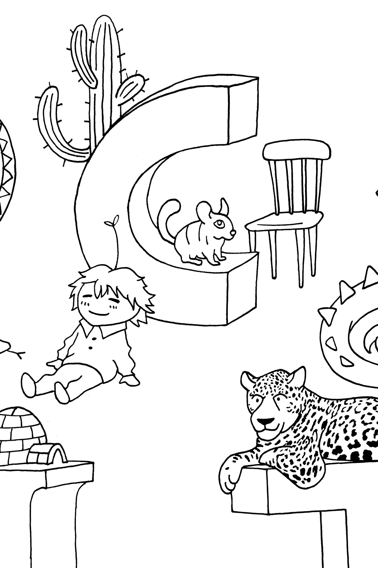 Close-up of coloring art, large letter C with Clementine, a cactus, a chinchilla, and other objects 