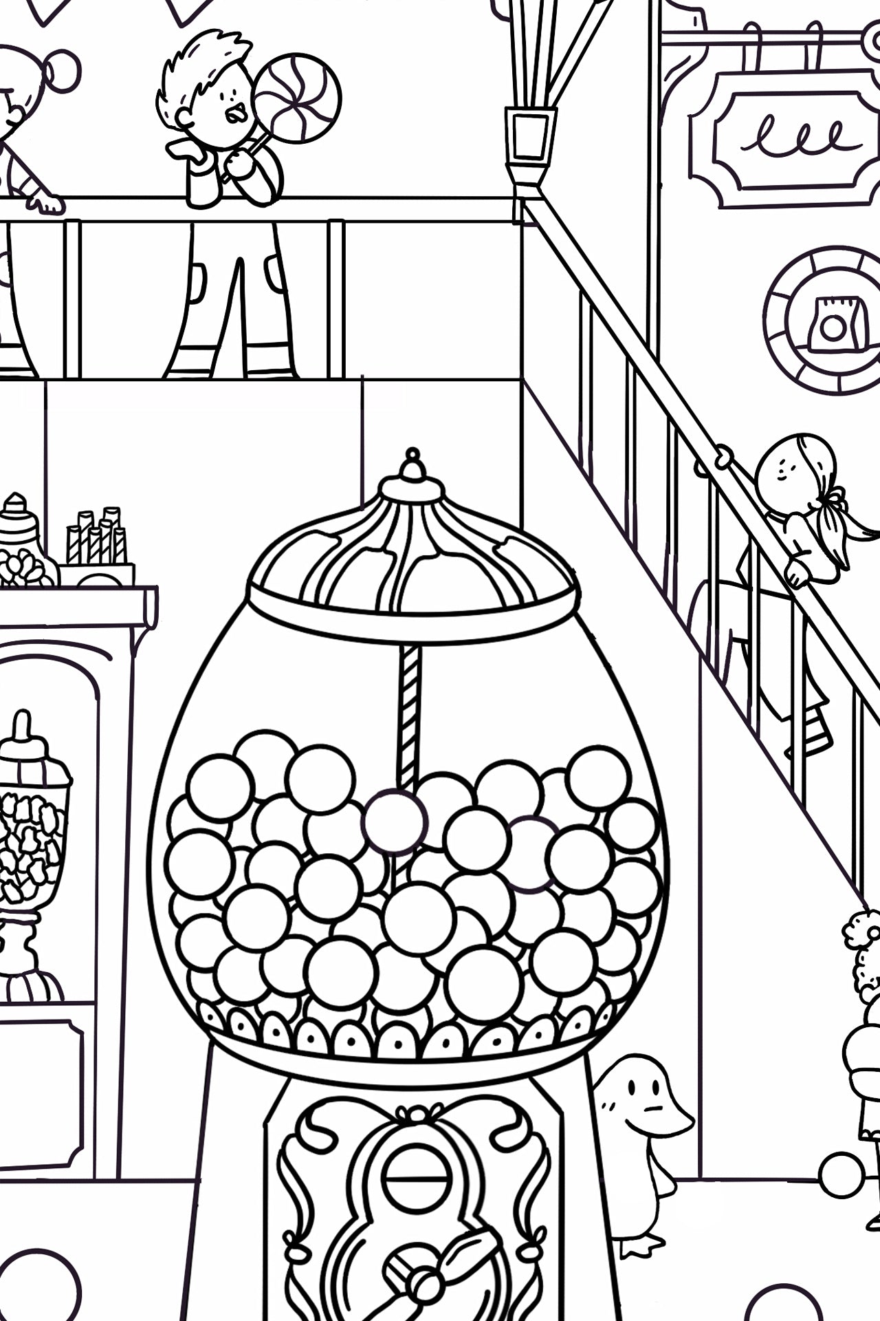 Close-up of a coloring poster of a candy shop poster with a giant gumball machine, and kids enjoying candy 

