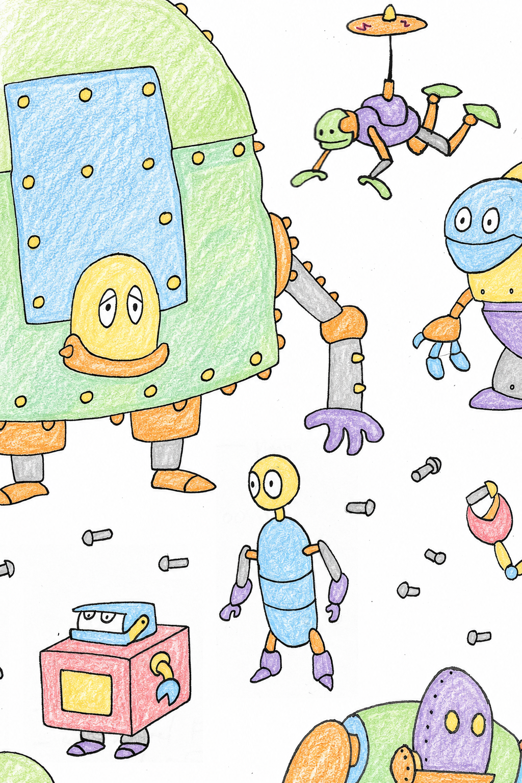  Crayon strokes filling in robot illustrations, showing the poster's smooth coloring surface