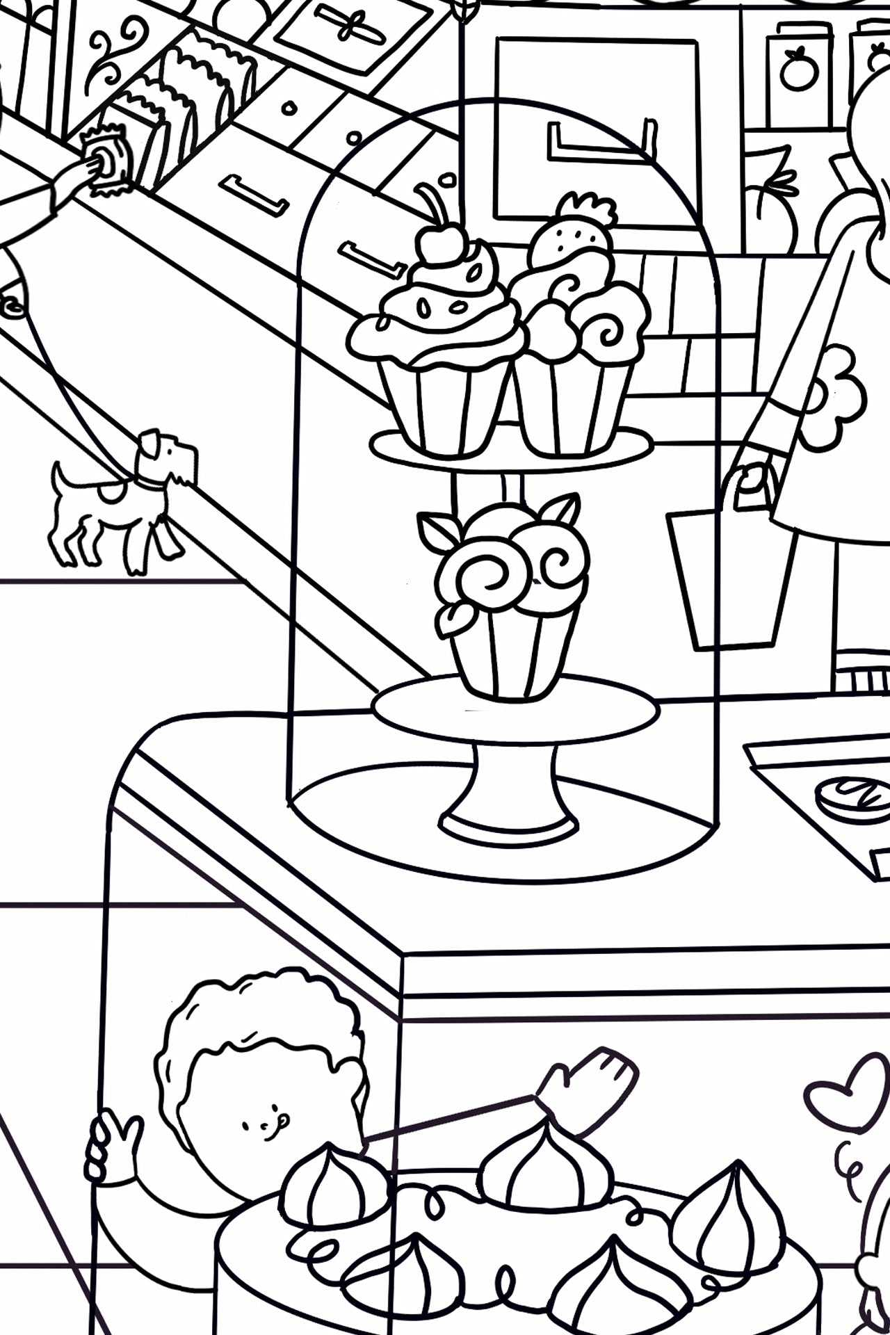 Coloring image detail of a tiered cupcake stand with berry-topped cupcakes, a kid pointing at meringues, and a small dog on a leash