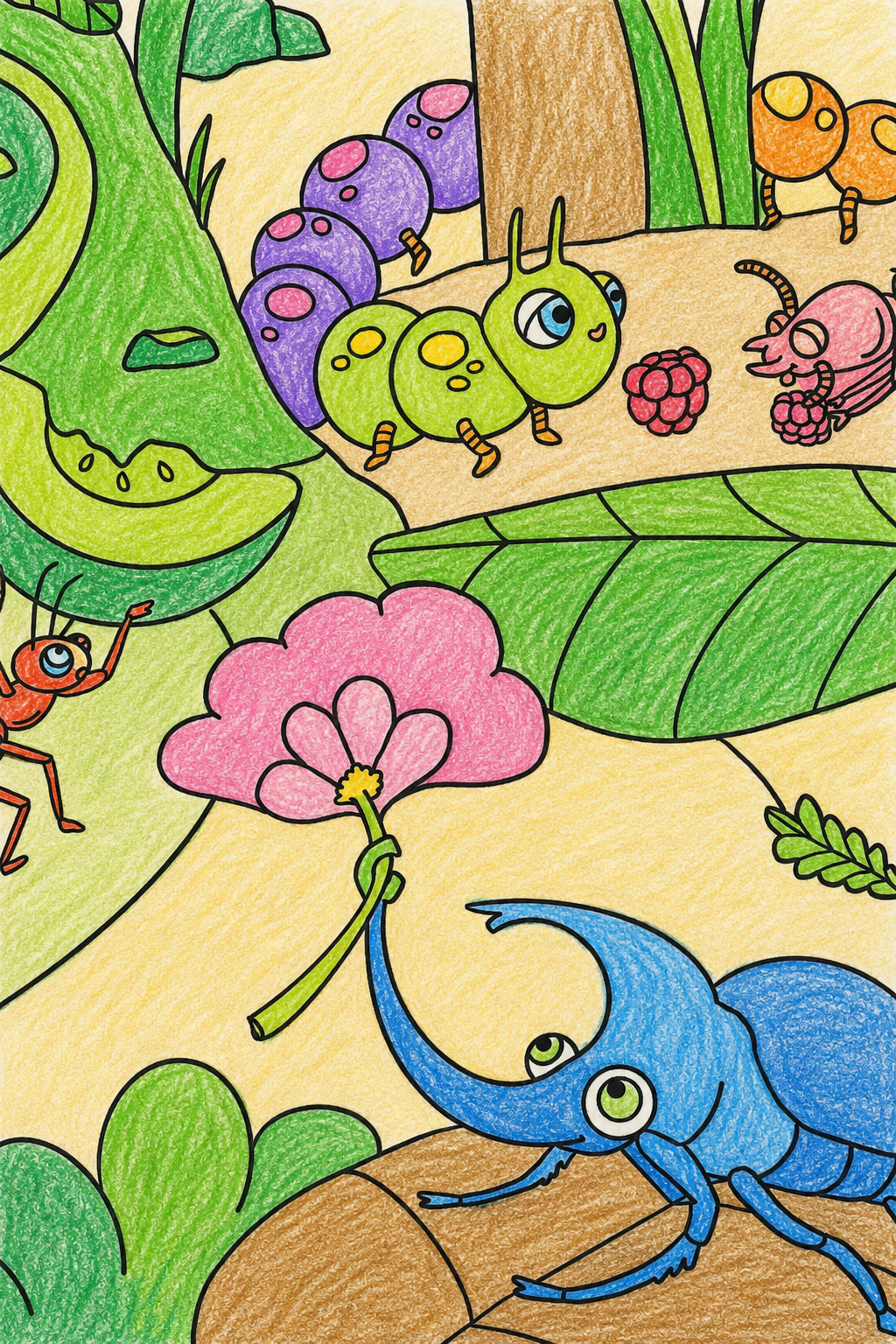 A colorful detail of a Clementine and Marmalade coloring poster showing lots of friendly bugs 
