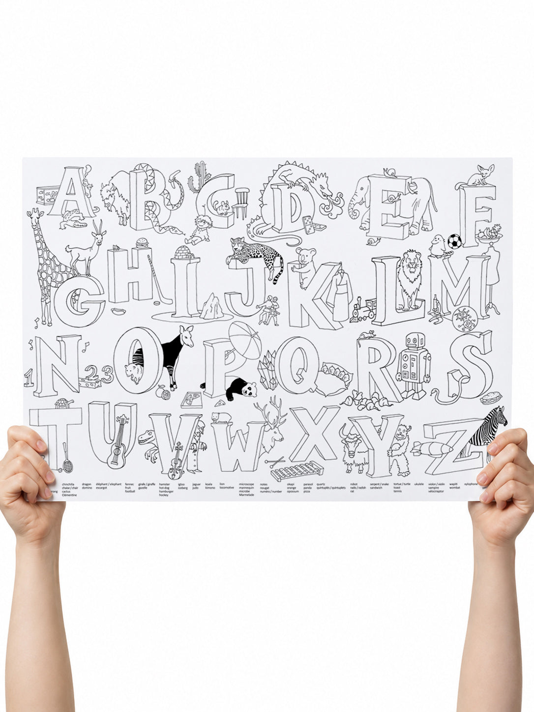 Bilingual English-French alphabet coloring poster by Clementine & Marmalade with illustrated letters A to Z  and illustrated words 