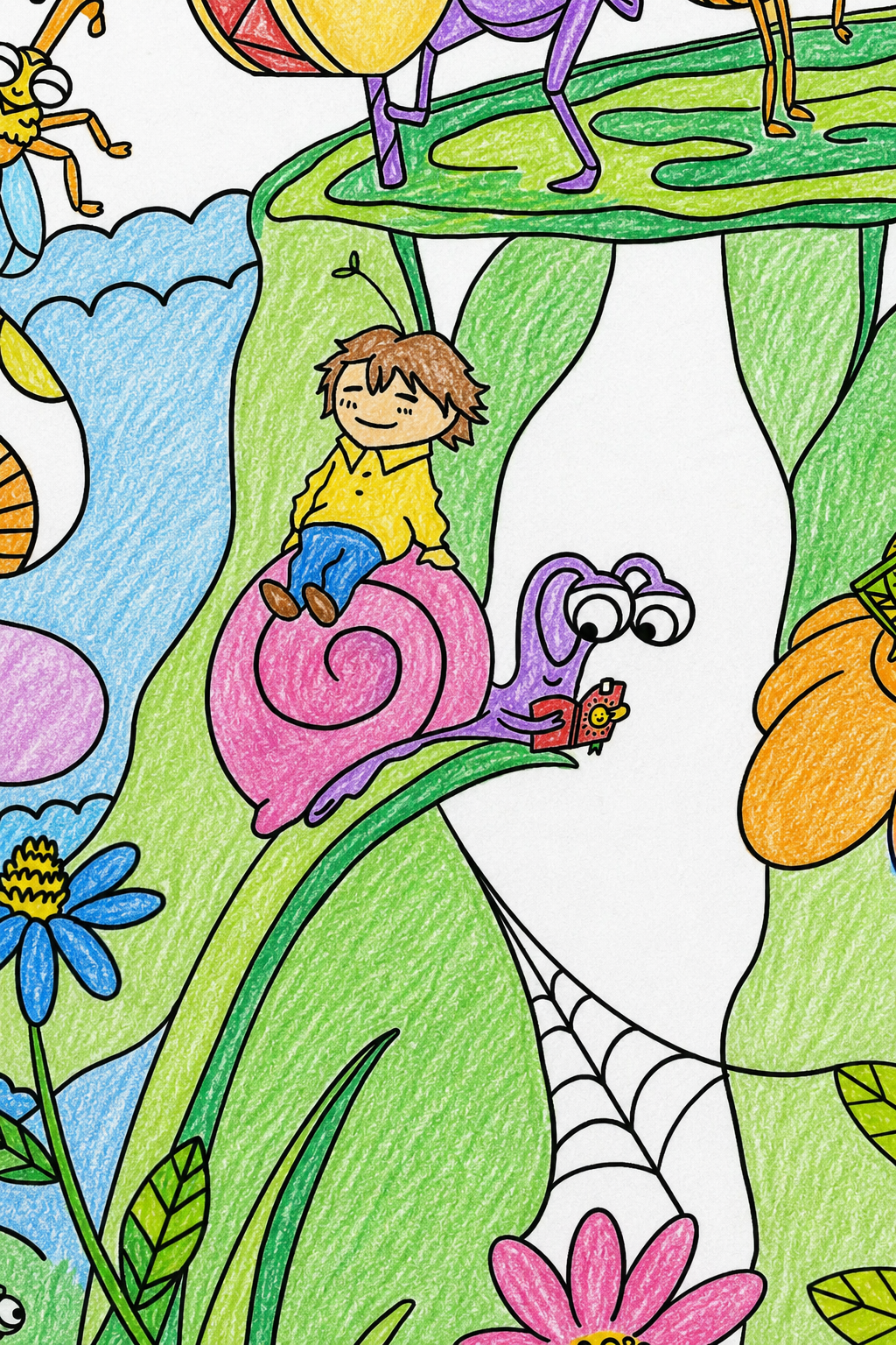 Colorful poster illustration of Clementine riding a snail in a fantasy landscape with flowers and animals.