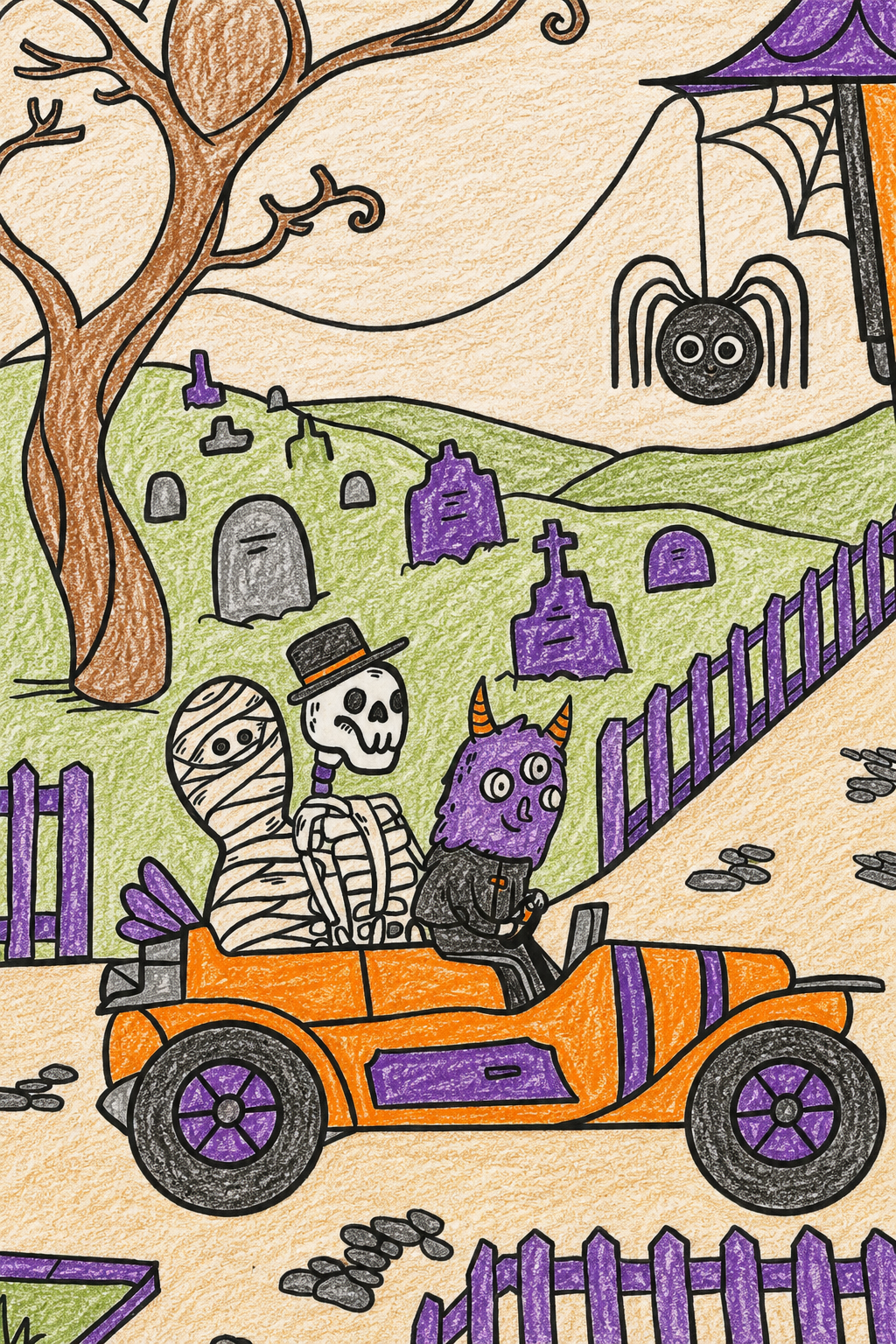 Colorful scene with a mummy and friends driving an old halloween car to the haunted house 