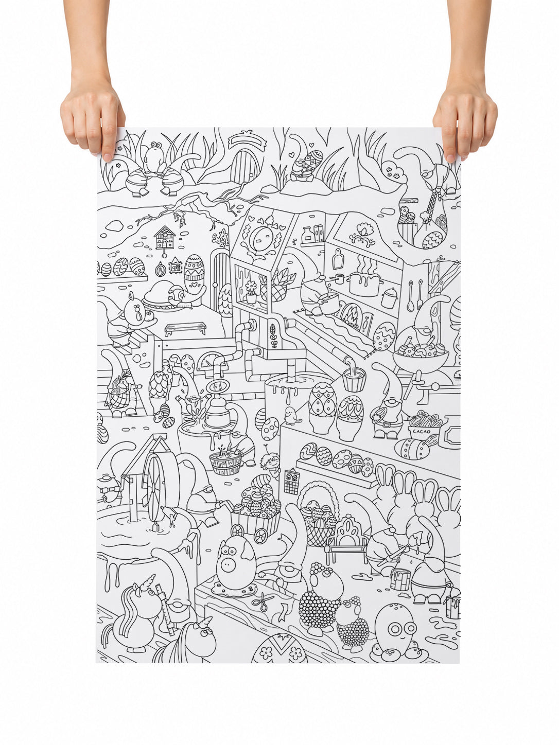 Hands holding up the full Easter Gnomes' Workshop coloring poster in portrait orientation, showing every scene from the forest above to the chocolate kitchen and the egg-decorating workshop below.