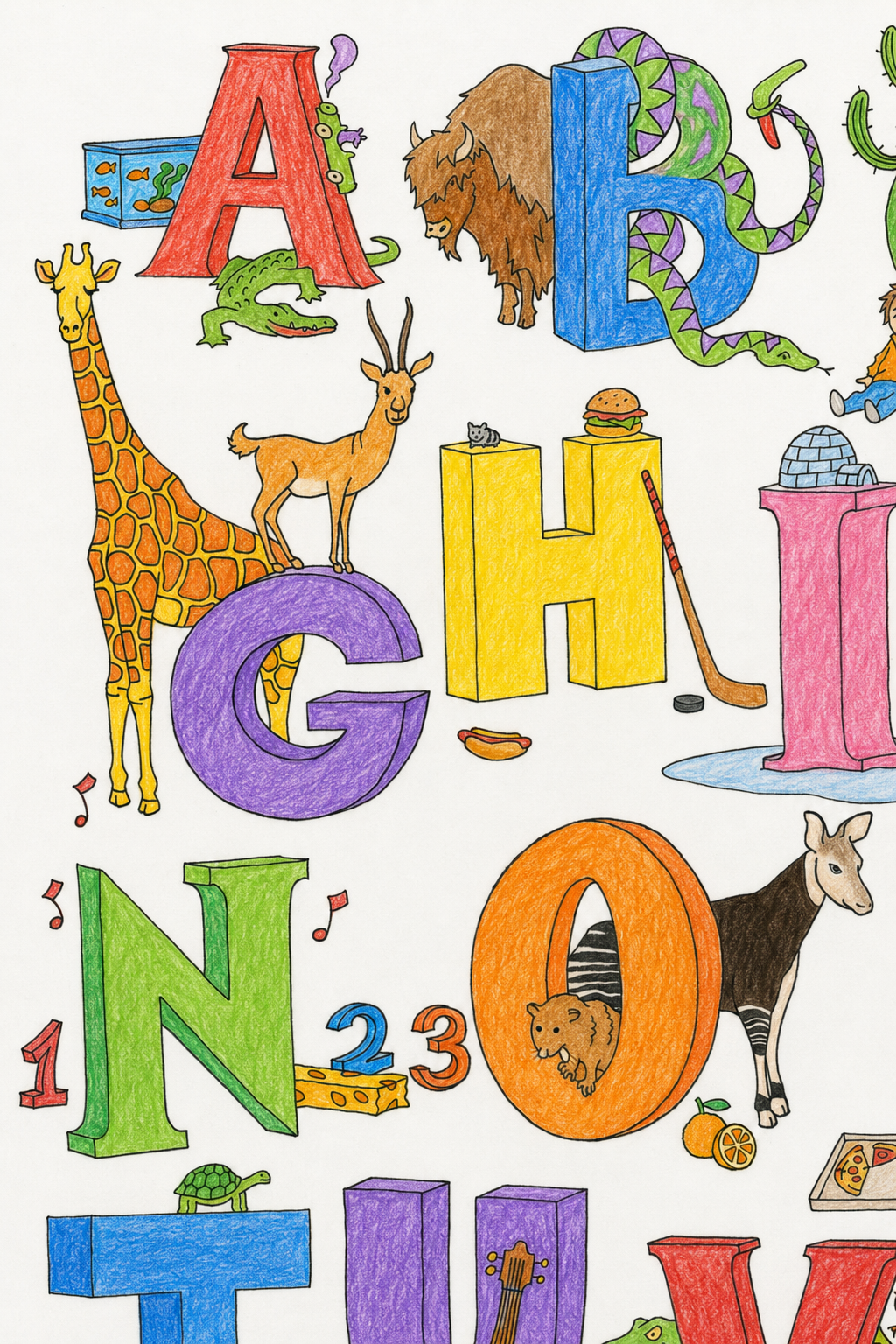 Vivid colored example of the alphabet poster A to O with a yellow giraffe, brown gazelle, green alligator, and rainbow letters