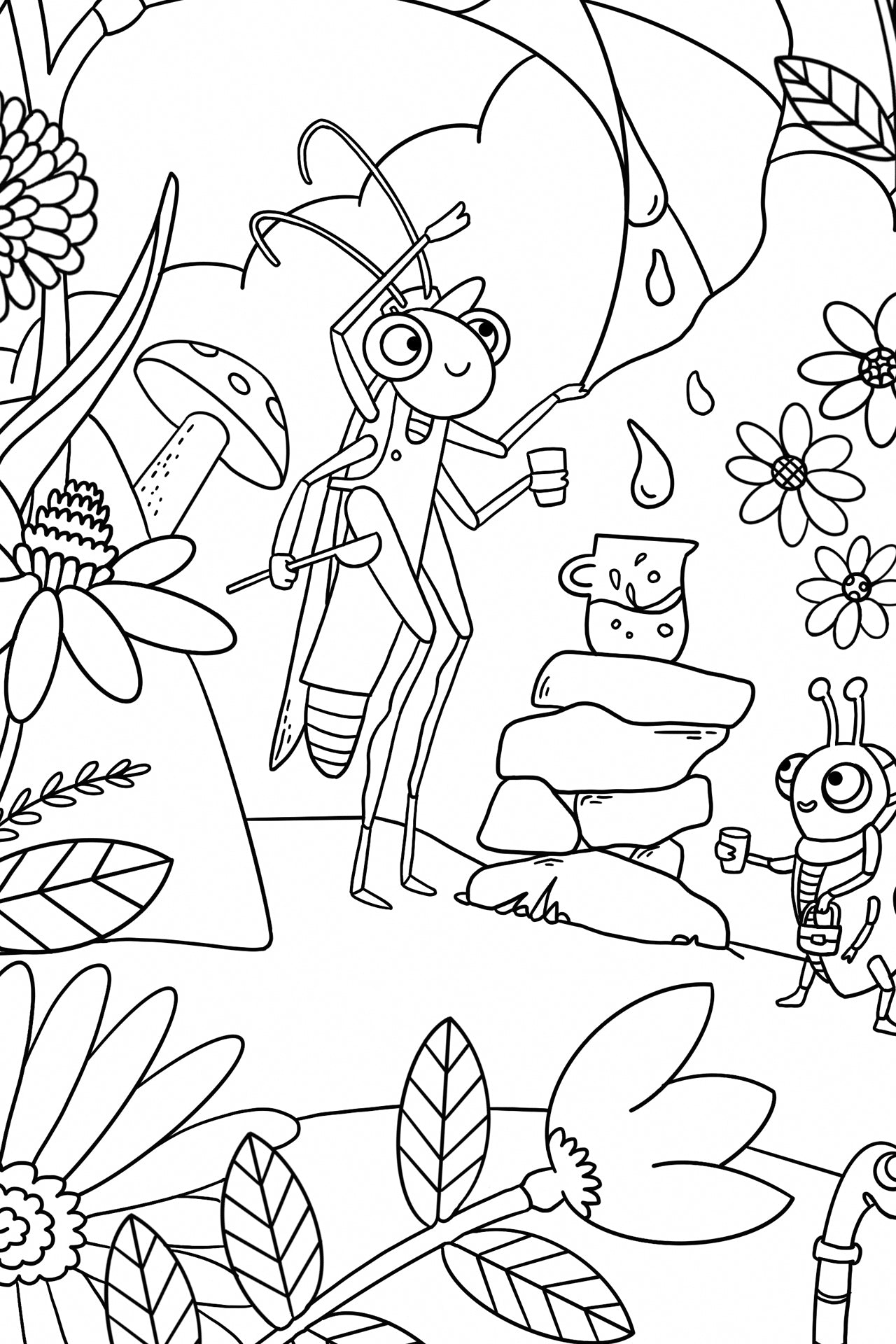 Coloring page with insects and nature elements