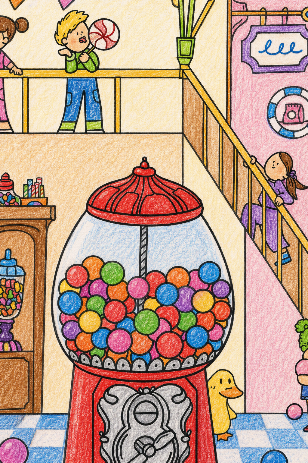 Colored close-up of the candy shop poster showing a vivid red gumball machine, jellybean dispenser, and kids on the balcony