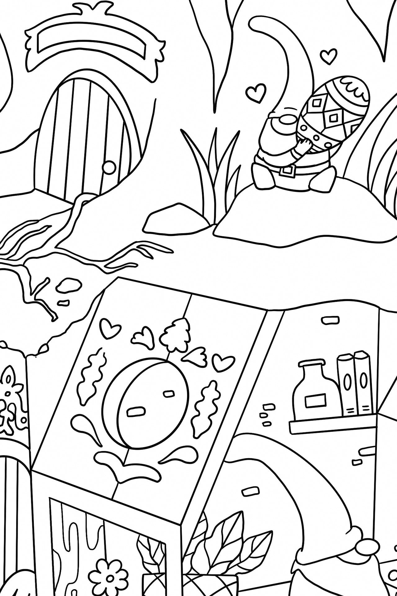 Black-and-white detail of the Easter Gnomes' Workshop poster, showing the front of a gnome's tree-trunk home and a gnome hugging a beautifully patterned egg in the grass outside.