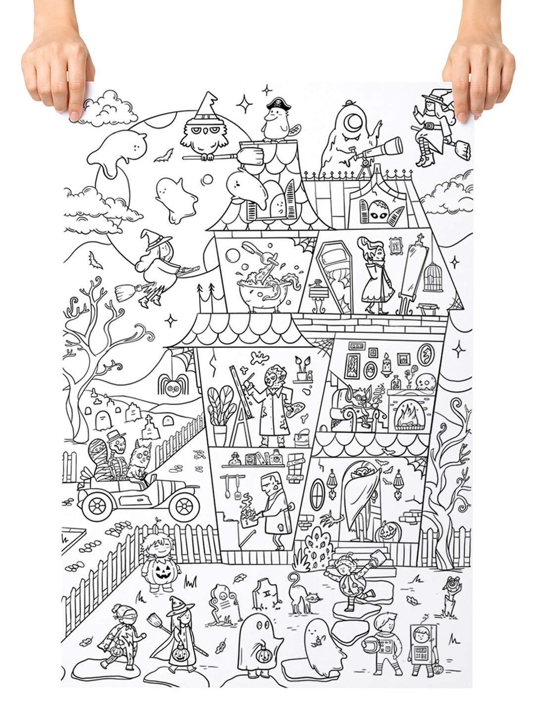 Halloween themed coloring poster with cute monsters and Clementine and her platypus friend Marmalade hidden among the Halloween characters