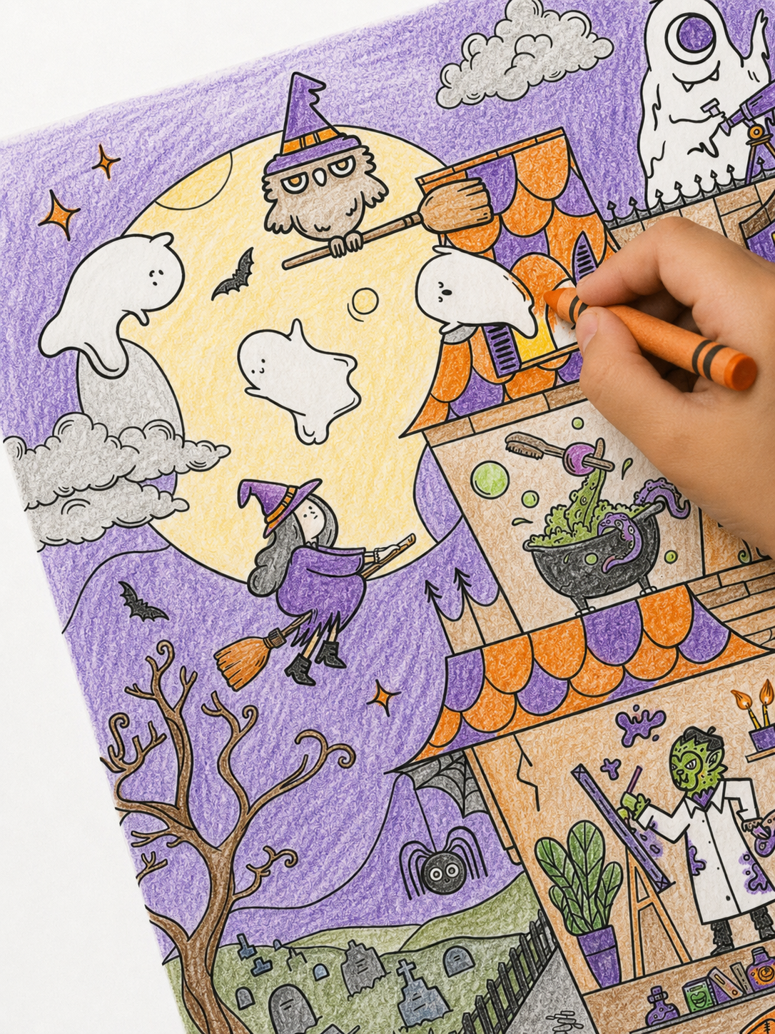 Large detailed Halloween coloring poster by Clementine & Marmalade featuring a multi-story haunted house, witches, ghosts, vampires, and trick-or-treaters