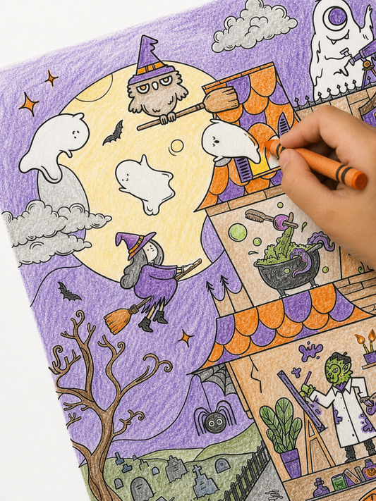 Large detailed Halloween coloring poster by Clementine & Marmalade featuring a multi-story haunted house, witches, ghosts, vampires, and trick-or-treaters