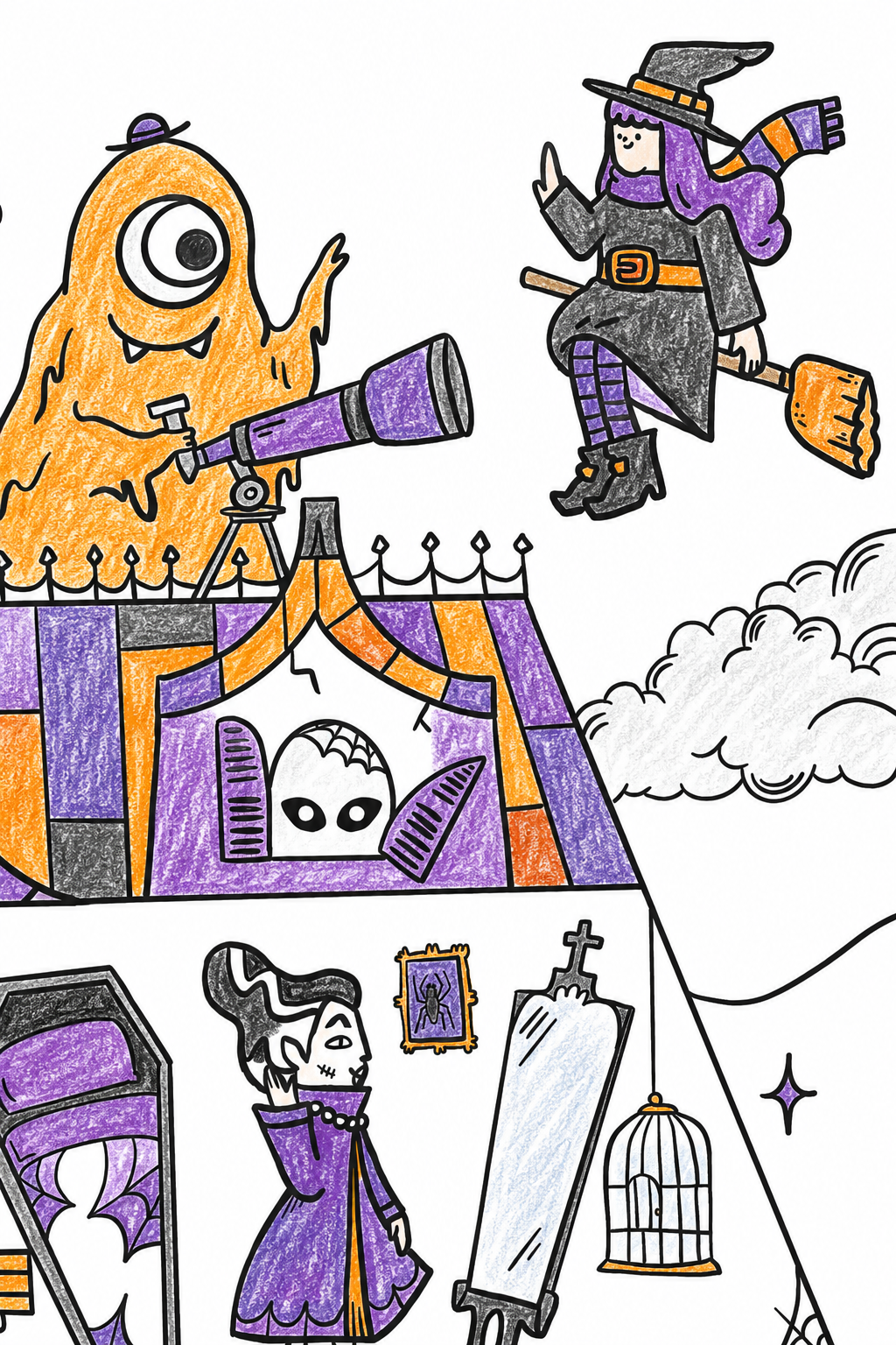 Halloween coloring poster on thick recycled paper, partially colored in with markers, crayons, and colored pencils
