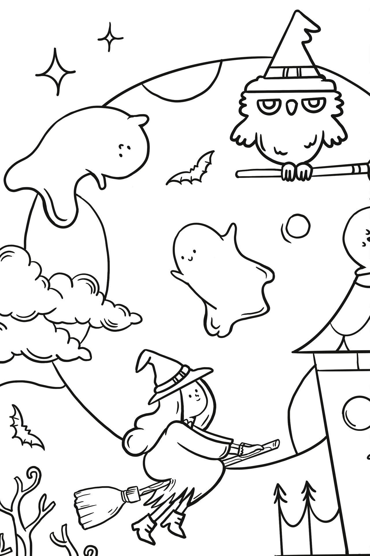 Detail of the Clementine and Marmalade Halloween coloring poster showing a flying witch, floating ghosts, a wise owl, and a large full moon