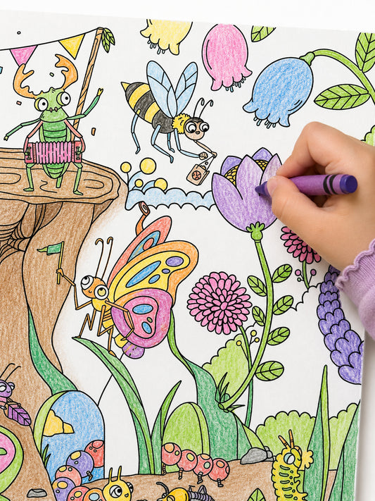 Detailed insects coloring poster by Clementine & Marmelade featuring playful bugs, butterflies, beetles, and flowers in a whimsical garden scene