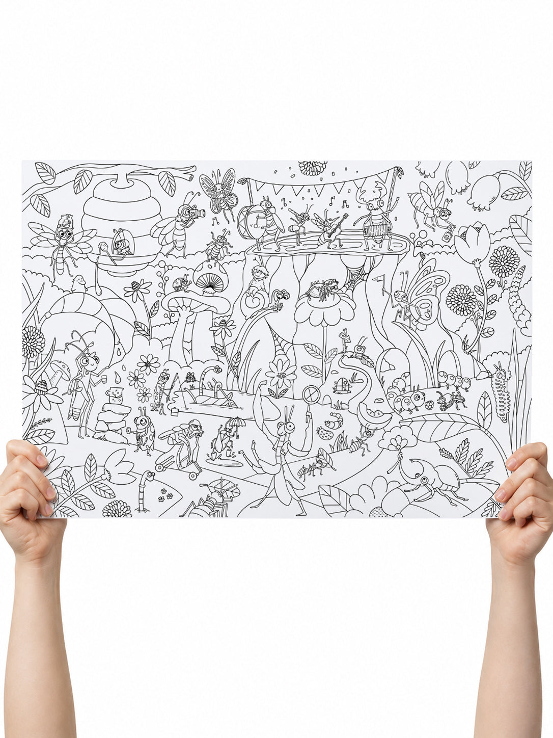 Beautifully detailed insect-themed  coloring poster by Clementine & Marmelade featuring lots of cute bugs and insects in a fun garden scene