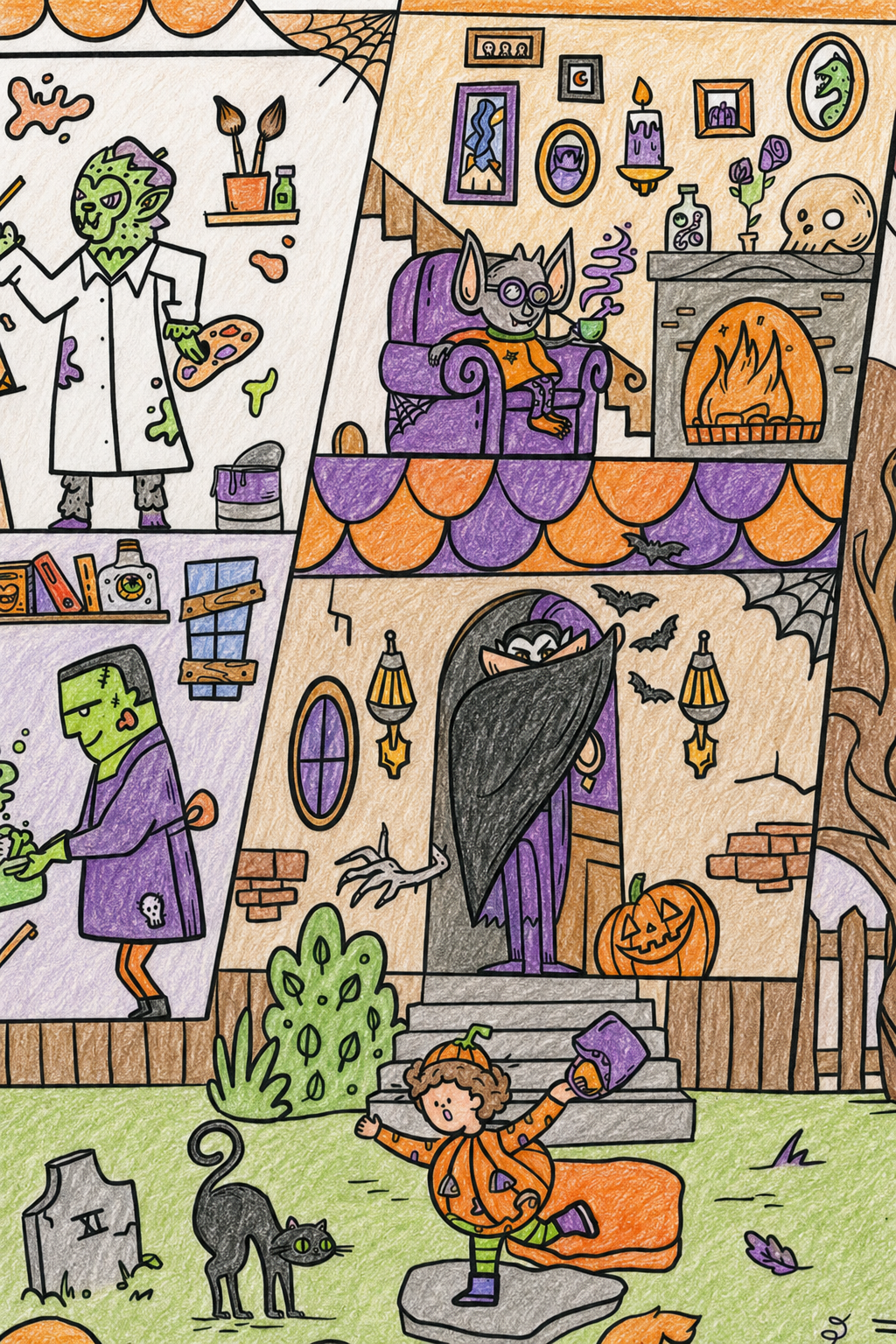 Playful Halloween coloring poster packed with smiling ghosts, friendly witches, and a charming haunted house, spooky but never scary