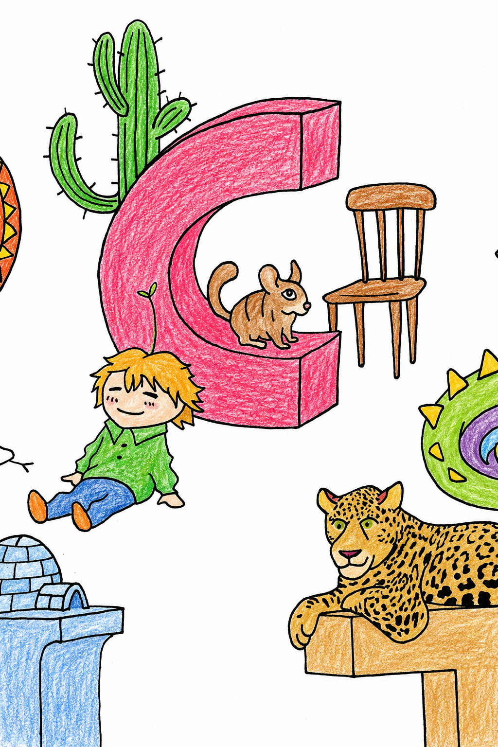 Close-up of letter C with Clementine (orange-haired character with a sprout) beside a cactus, chinchilla, chair, and a resting jaguar