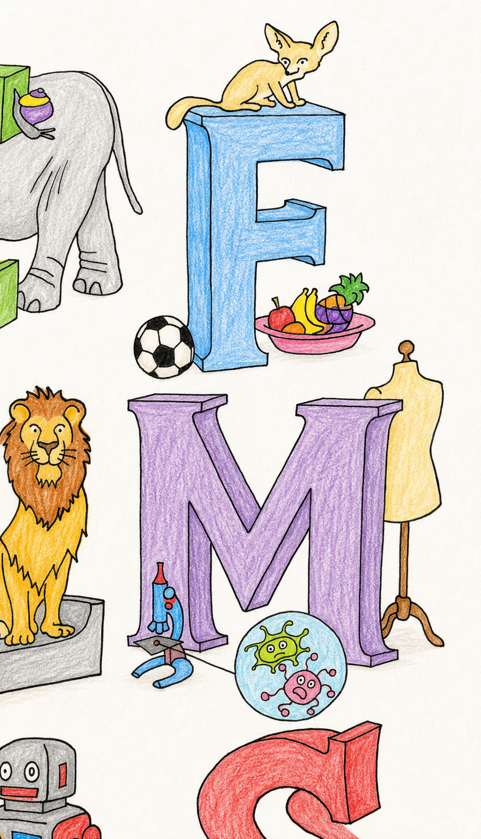 Coloring poster detail showing letters F and M with a fennec fox, fruit bowl, lion, microscope, mannequin, and microbes