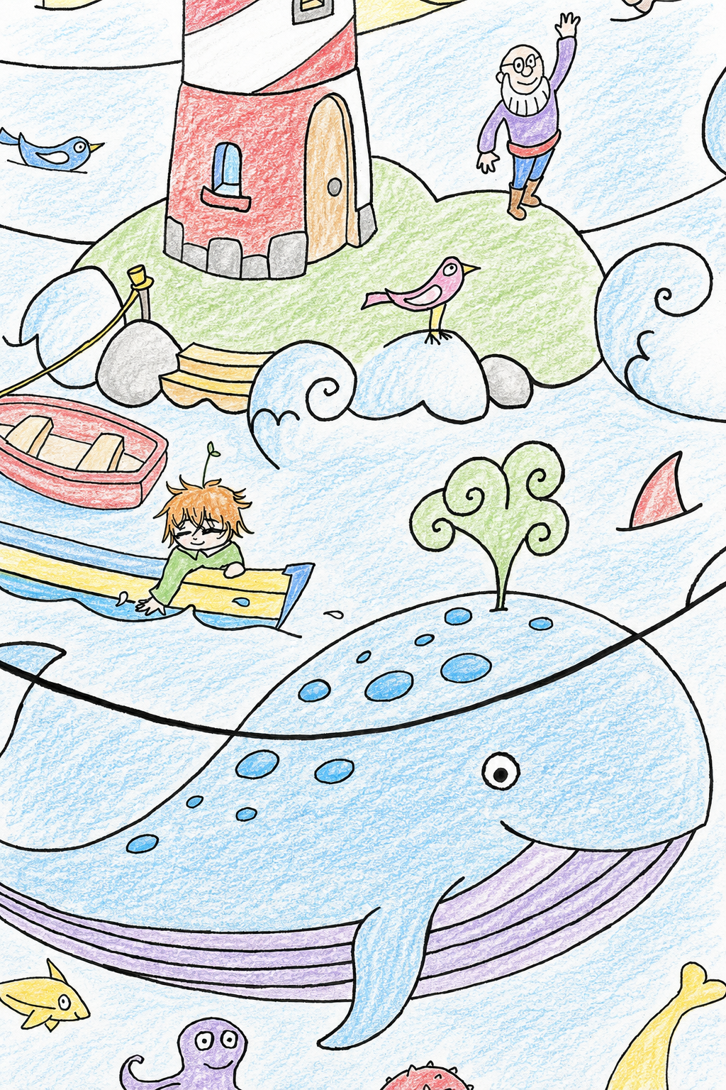 colored example of the Under the Sea poster's lighthouse and whale scene, showing how different color choices can transform the same drawing.