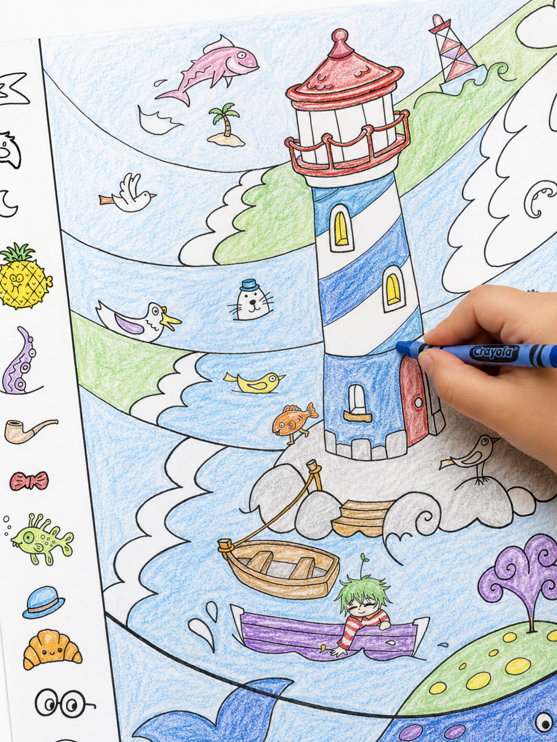 Angled view of the uncolored Under the Sea poster, showing the lighthouse scene and the side find-it border filled with tiny objects: a pineapple, an octopus tentacle, a pipe, a bowtie, and more.