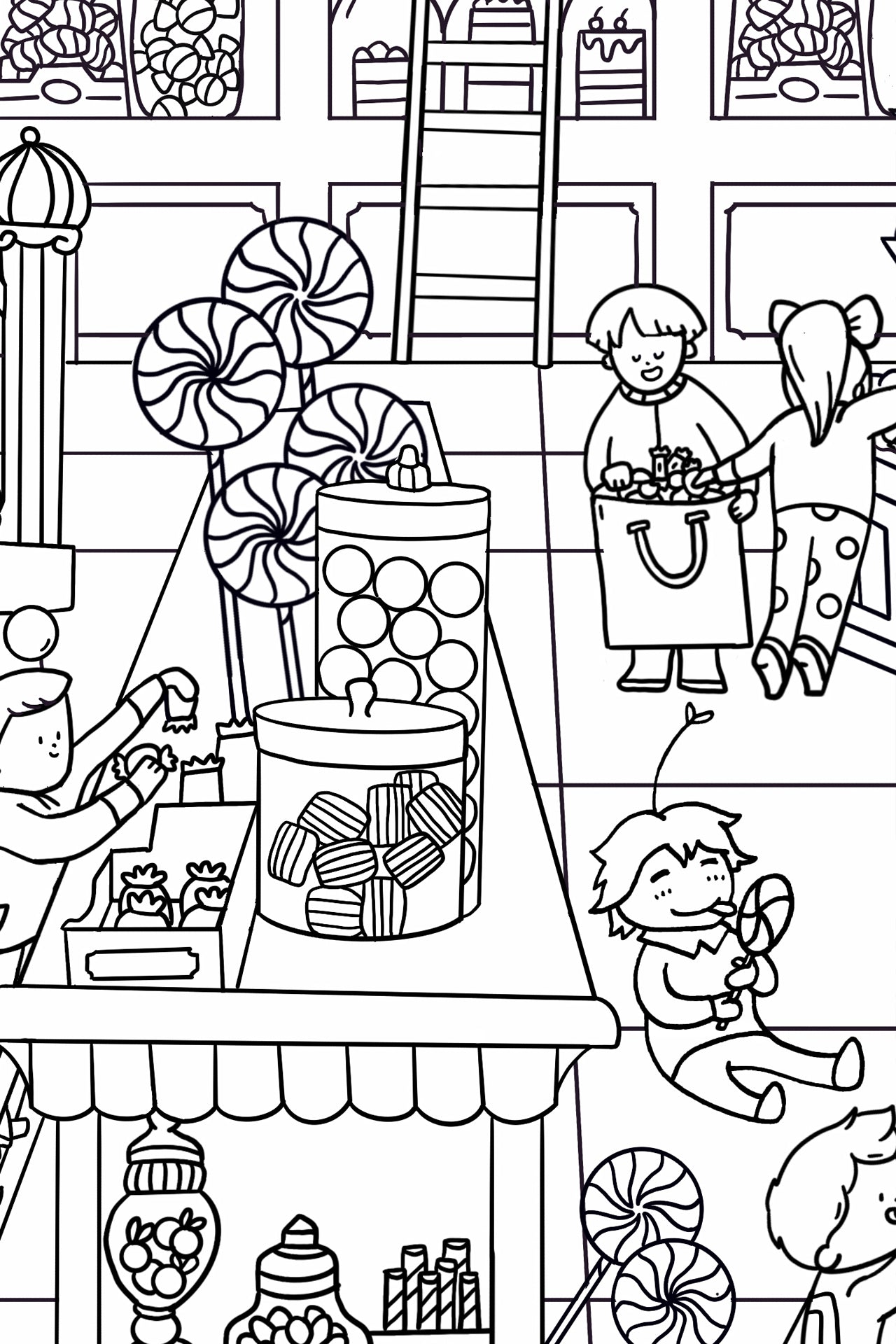 Swirled lollipops, jars filled with gumballs and striped candies, and children picking out sweets from the display
