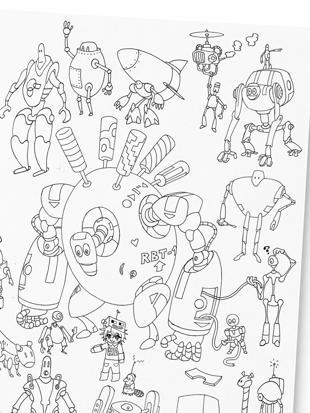Page filled with dozens of unique robot designs, from rockets to mechs to tiny critters