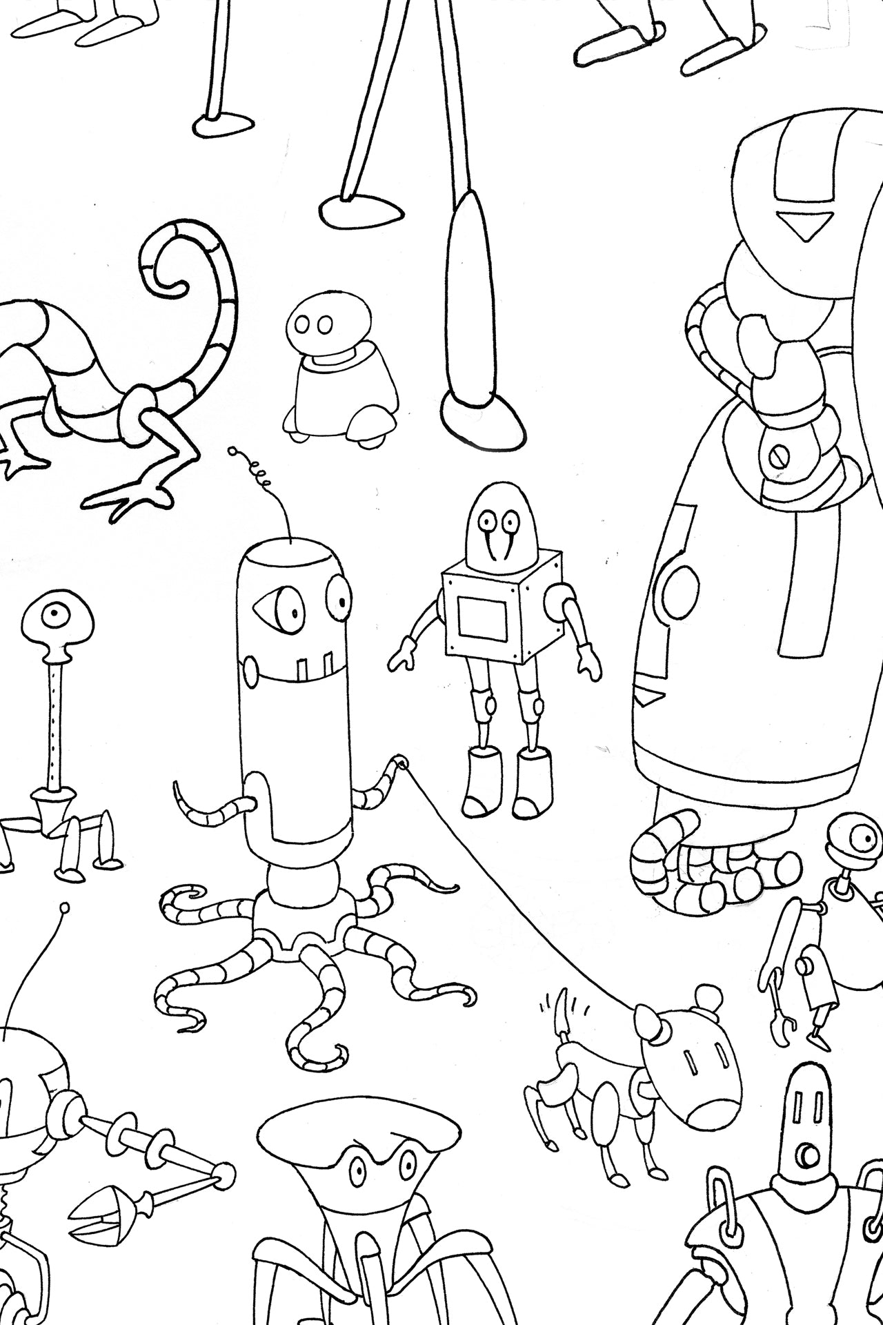 Large-format coloring poster covering most of a tabletop, showing dozens of robot illustrations