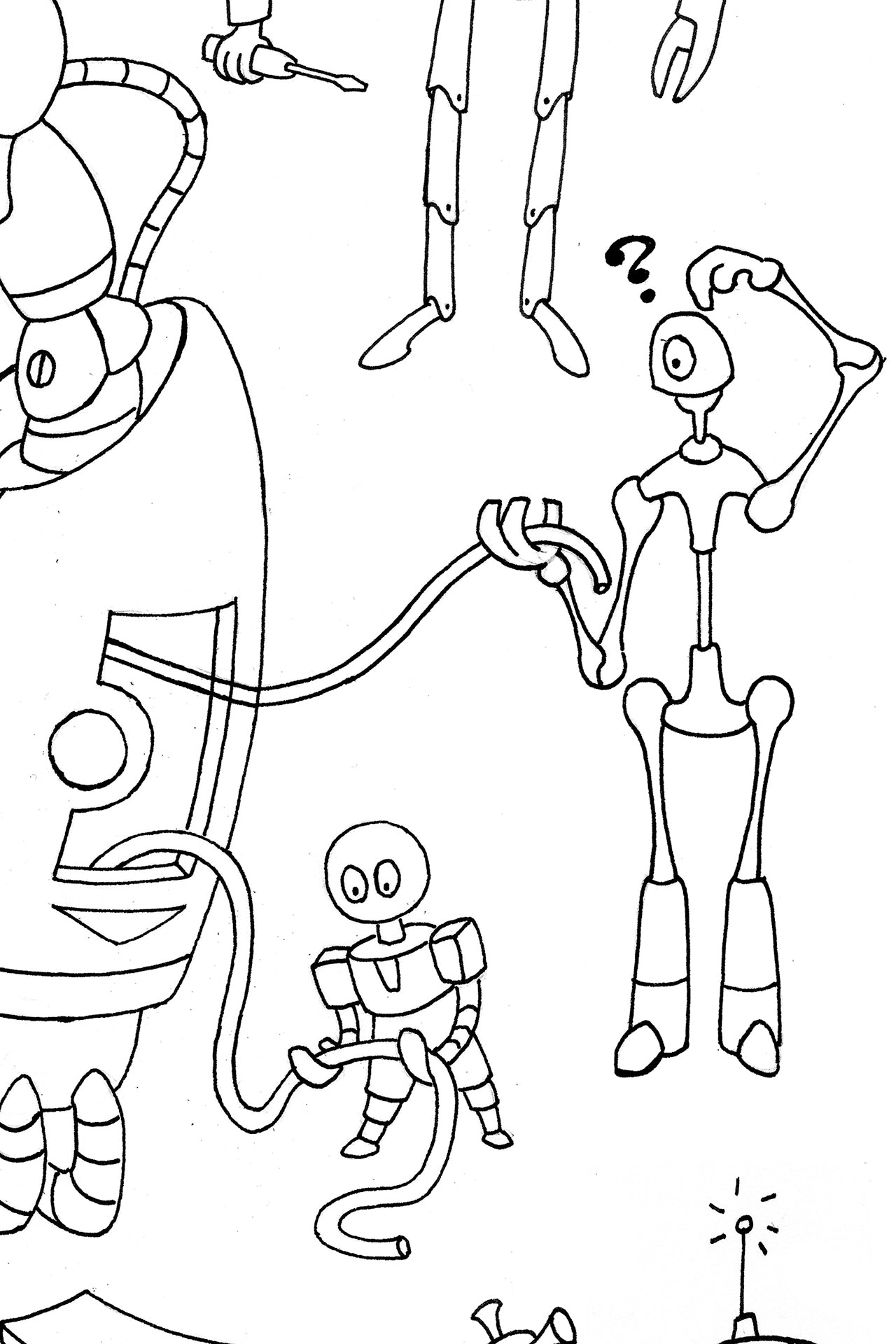 Lower section of the robot poster featuring a young inventor character and miniature robots