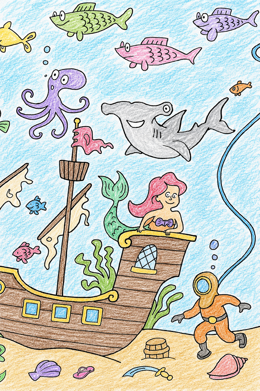 Colored close-up of the Under the Sea poster, showing a pink-haired mermaid on a sunken pirate ship and an orange-suited deep-sea diver walking on the seabed.